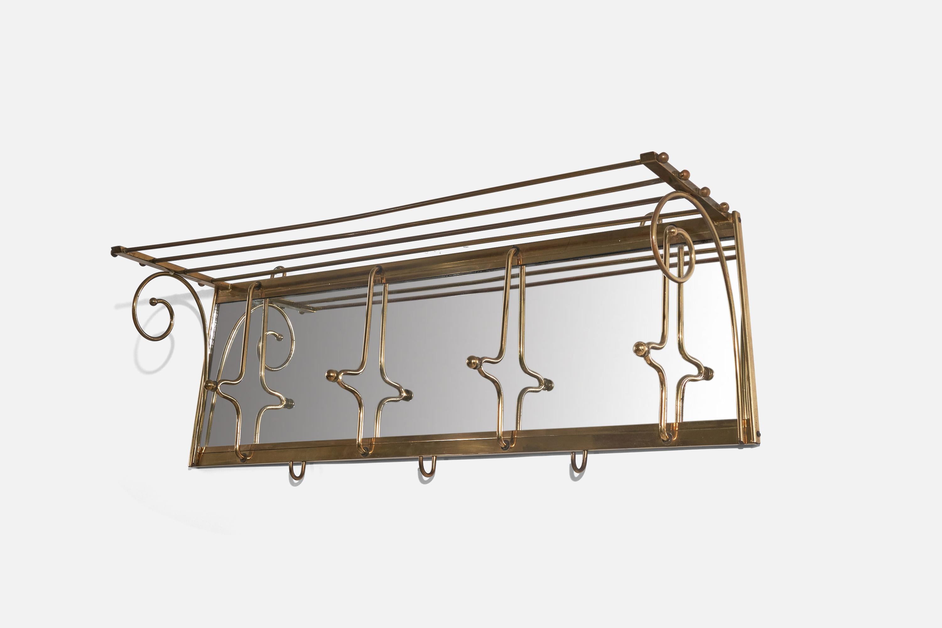 A brass and mirror glass coat rack designed and produced by an Italian designer, Italy, 1940s.