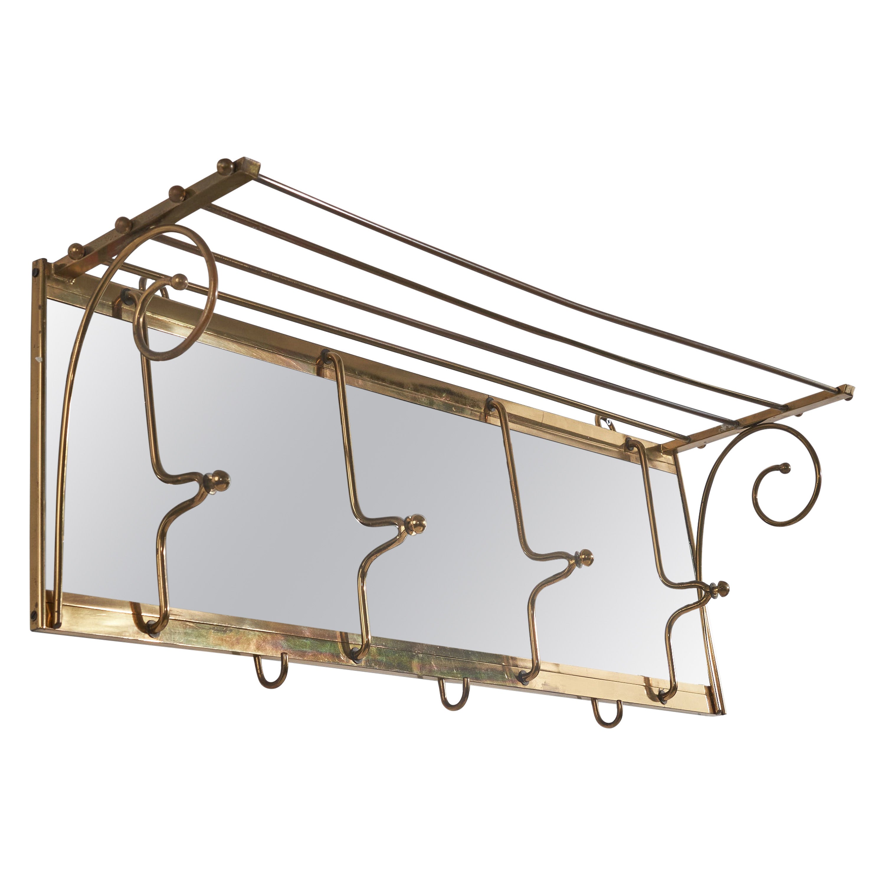 Appendiabiti di design italiano, ottone, specchio, Italia, anni '40