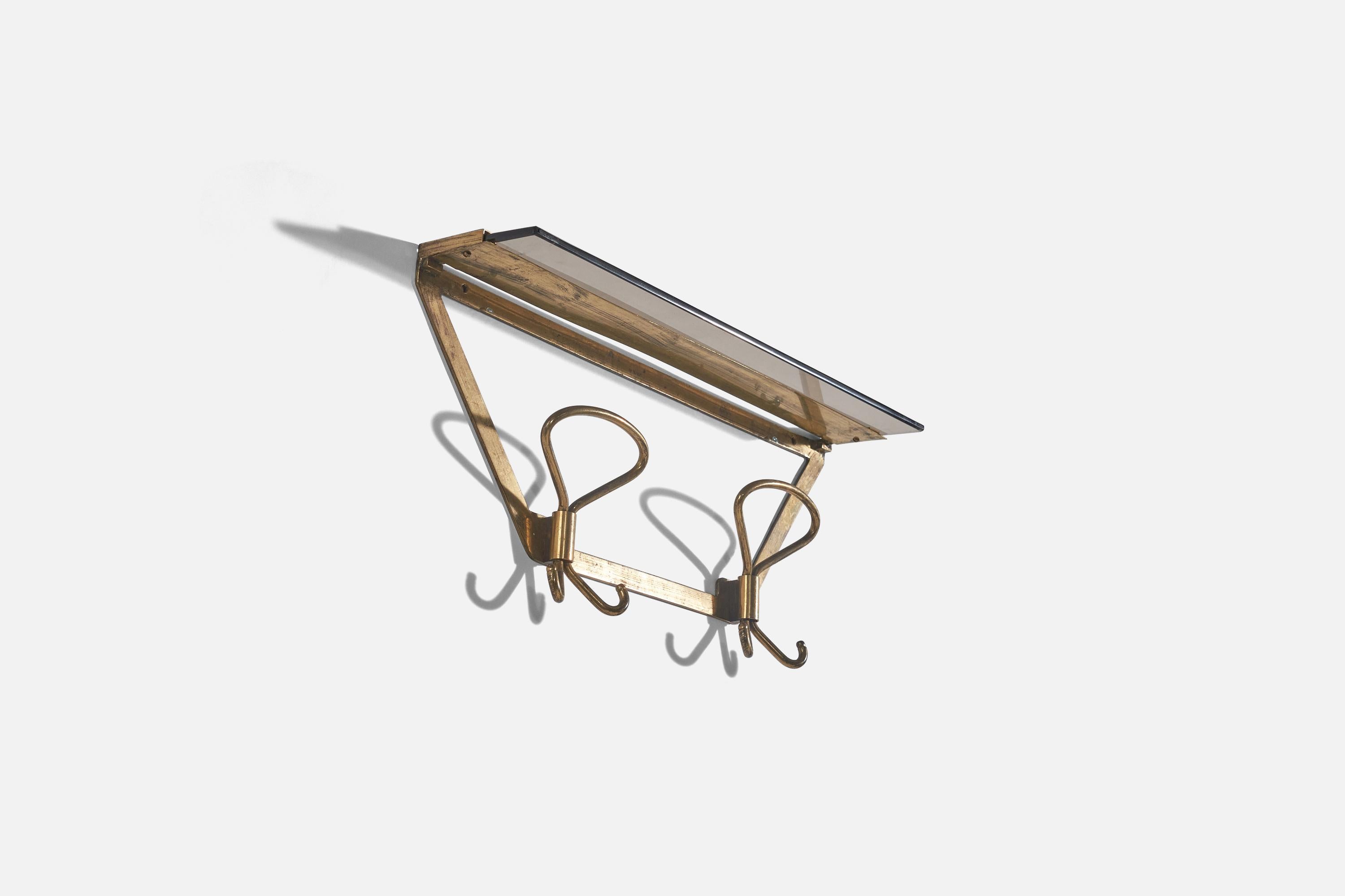 Italian Designer, Coat Rack with Shelf, Brass, Glass, Italy, 1940s In Good Condition For Sale In High Point, NC