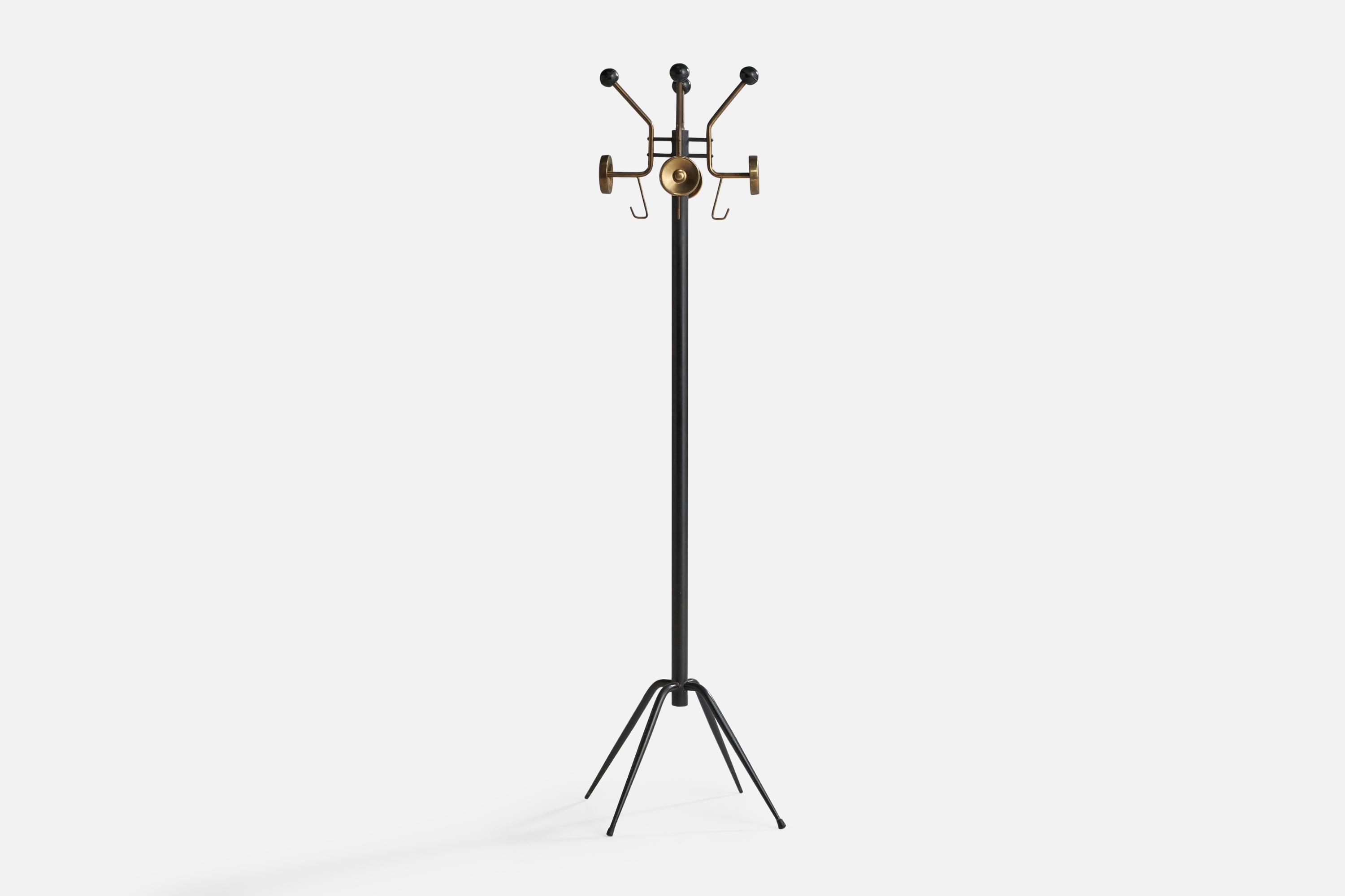 A brass and black-lacquered metal coat stand designed and produced in Italy, 1960s.