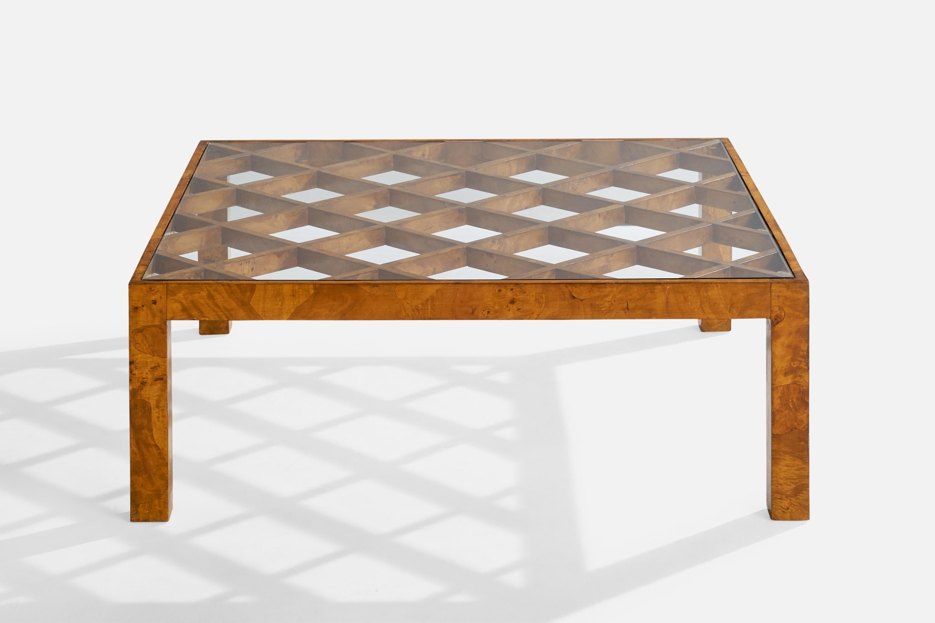 Diseñador italiano, Mesa de centro, Burl, Cristal, Italia, Años 30 Italiano