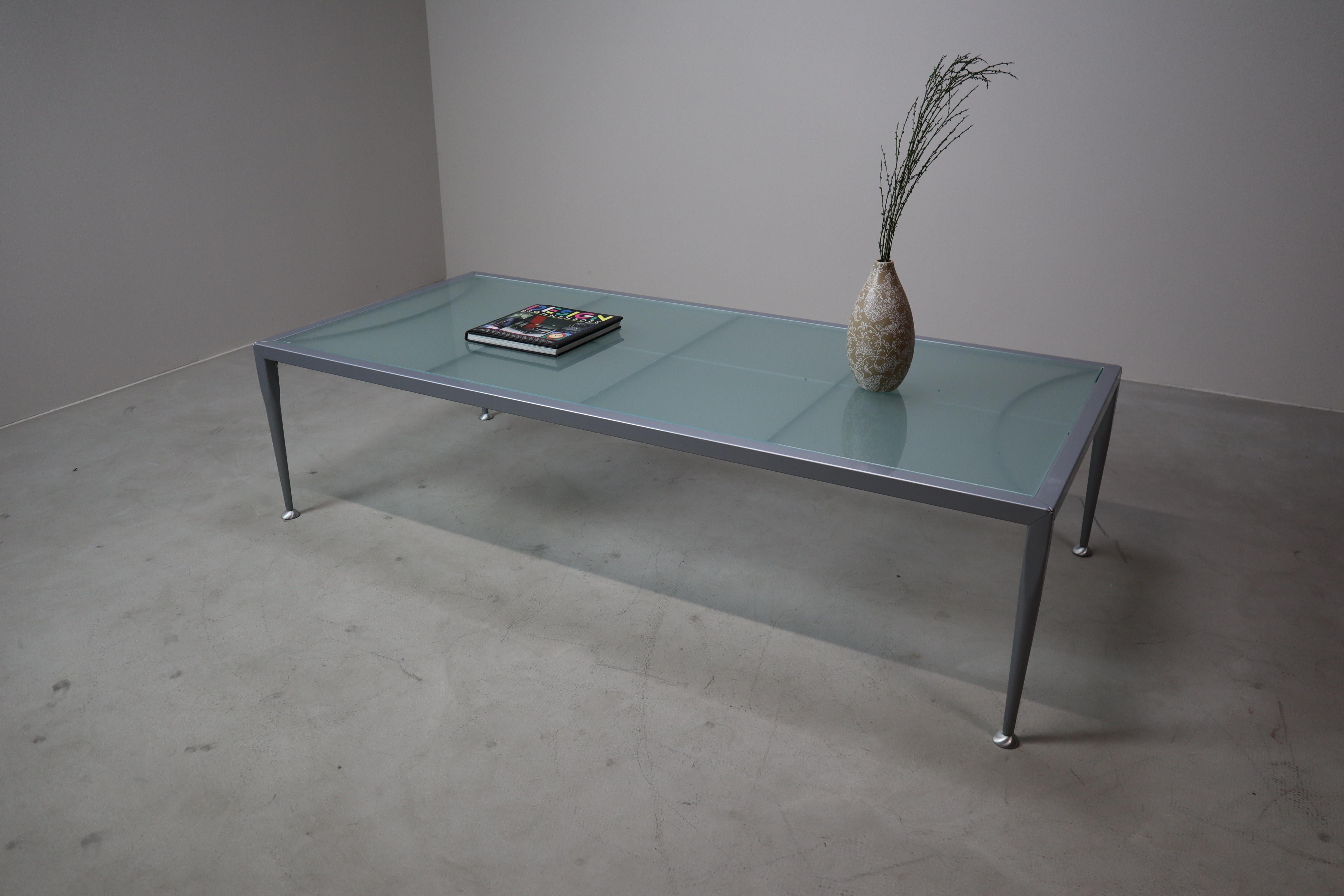 Post-Modern Italian designer coffee table by Baleri Italia – frosted glass & steel – 1990s For Sale