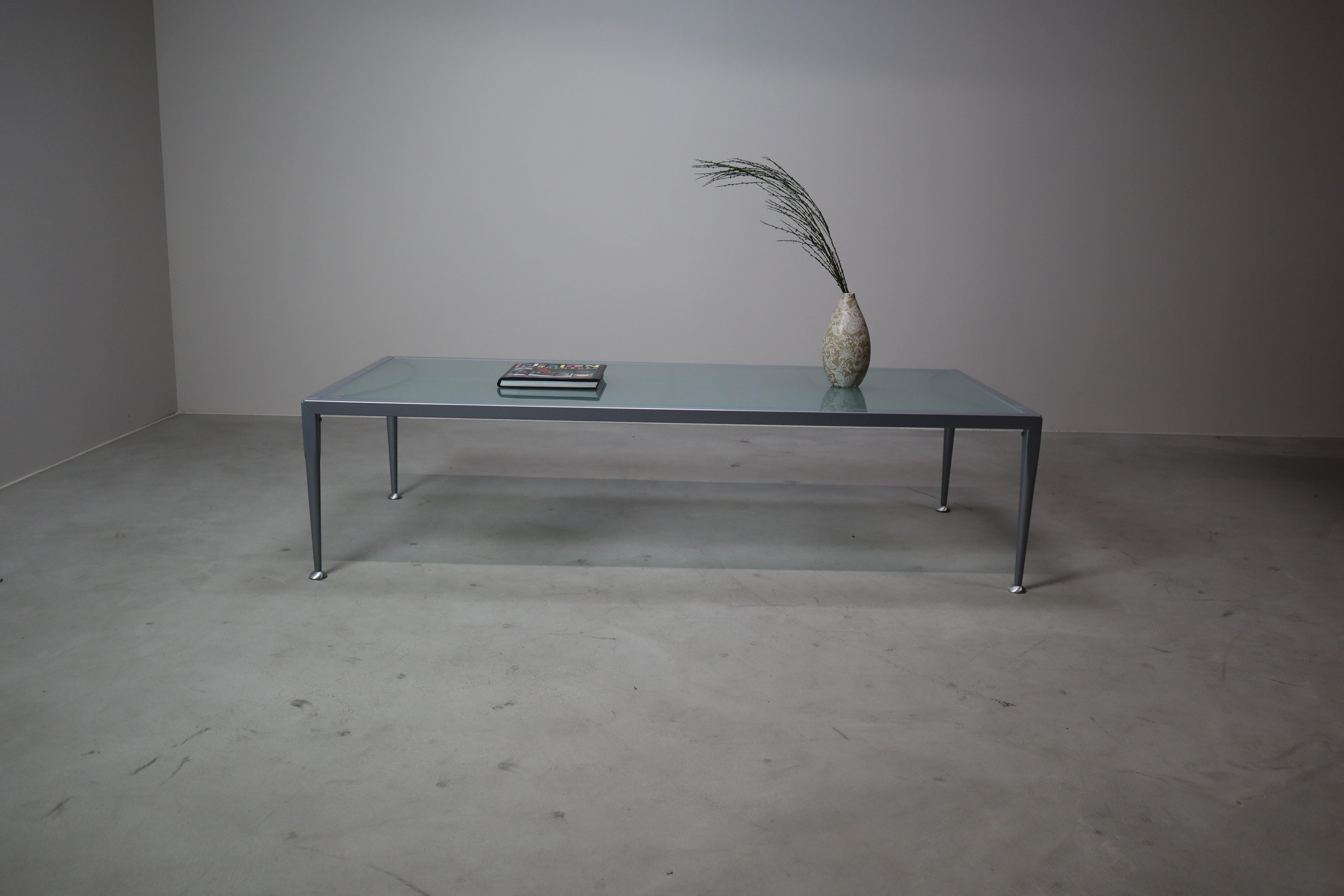 Frosted Italian designer coffee table by Baleri Italia – frosted glass & steel – 1990s For Sale
