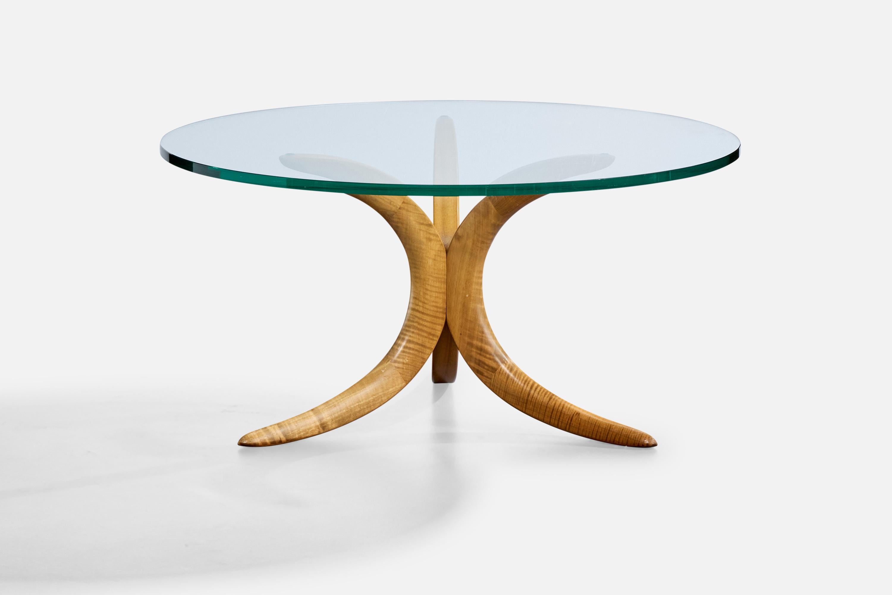 Table basse en acajou et verre, probablement conçue et produite en Italie, C.C.

Dimensions globales (pouces) : 19.75 