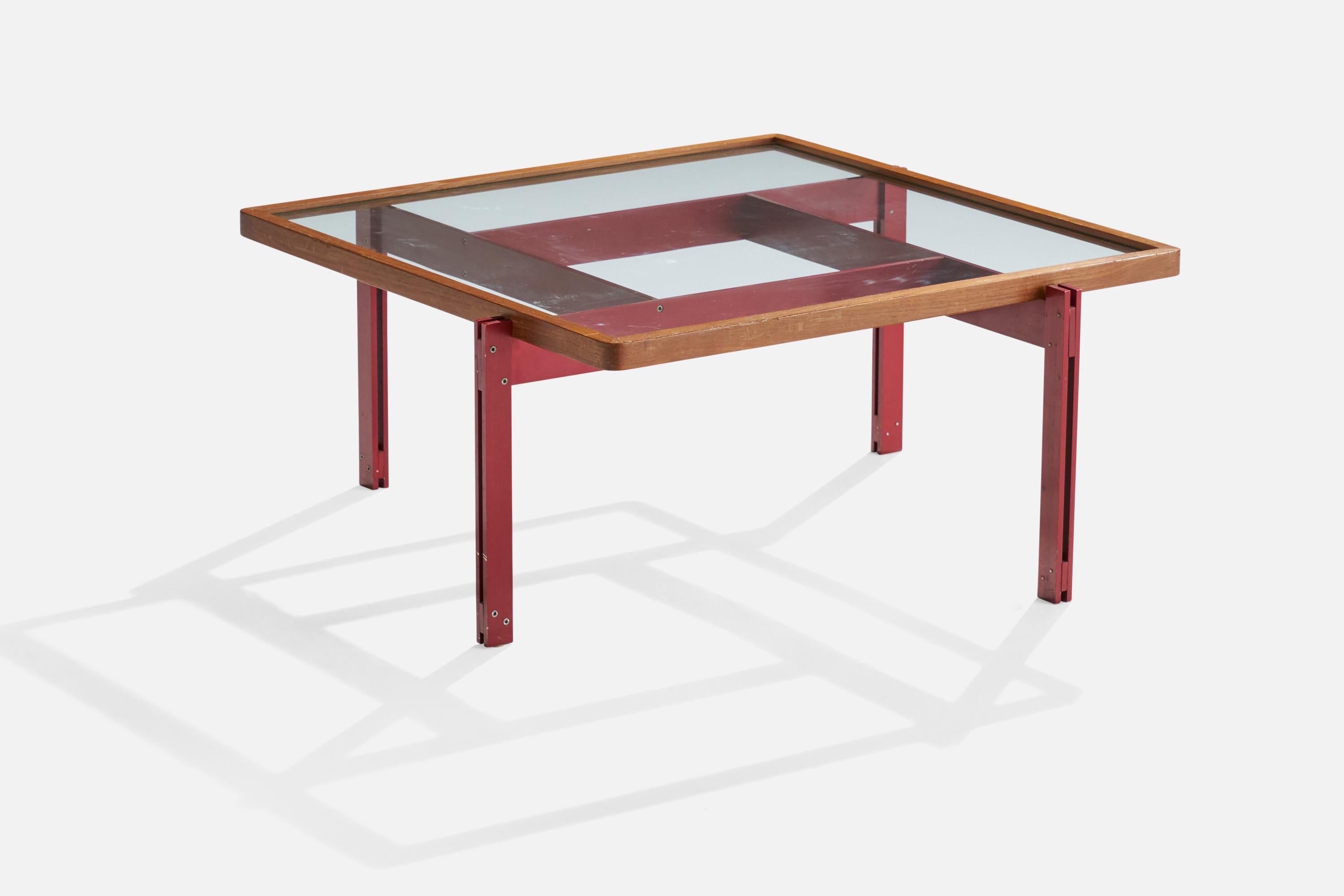 A teak, glass and red-lacquered metal coffee or cocktail table, designed and produced in Italy, c. 1960s.