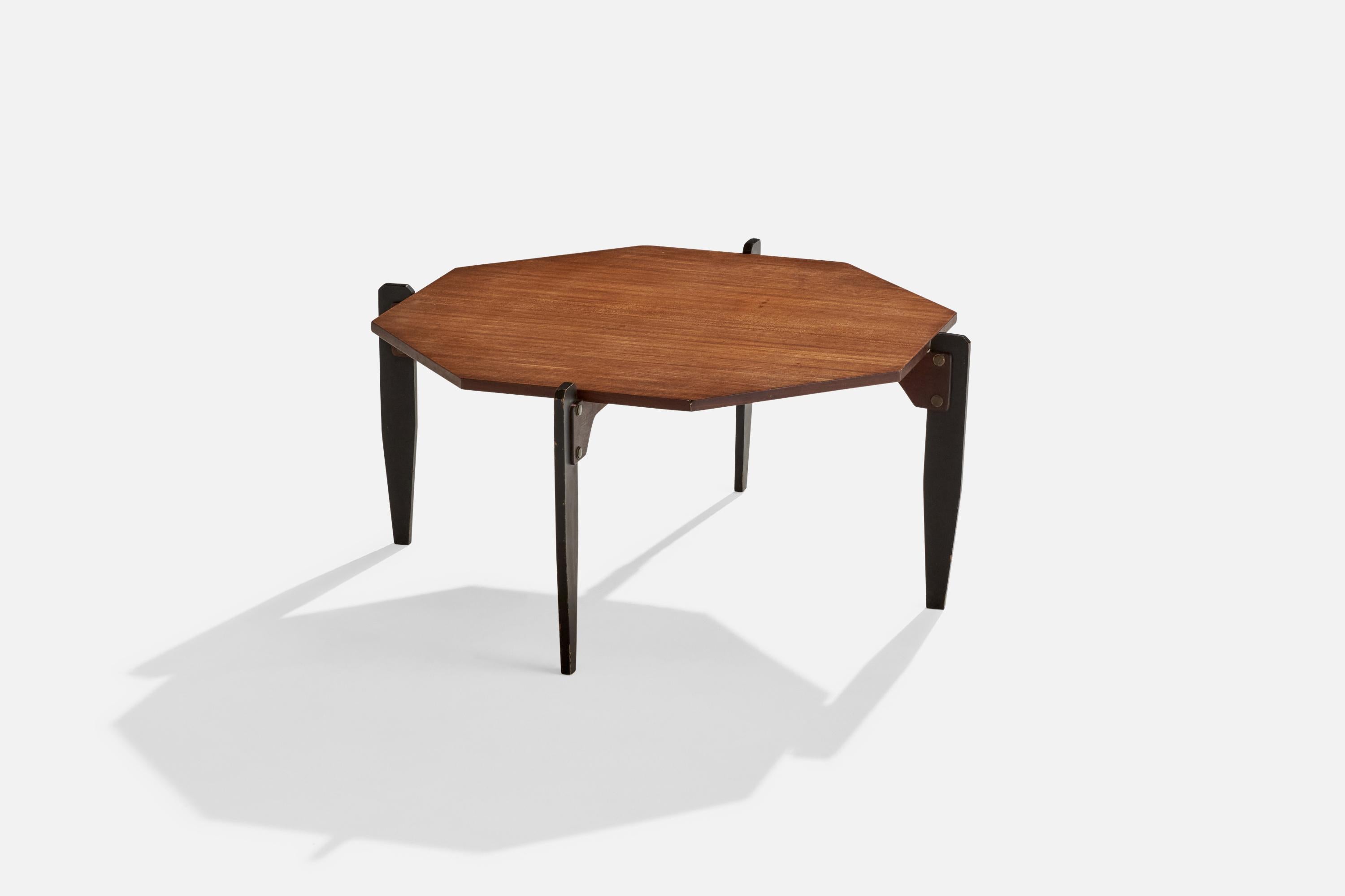 A teak, black-painted wood and brass coffee table designed and produced in Italy, 1950s.