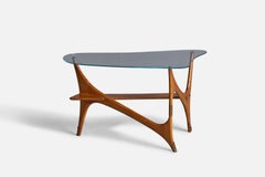 Designer italien, table basse, noyer, verre, laiton, Italie, années 1940