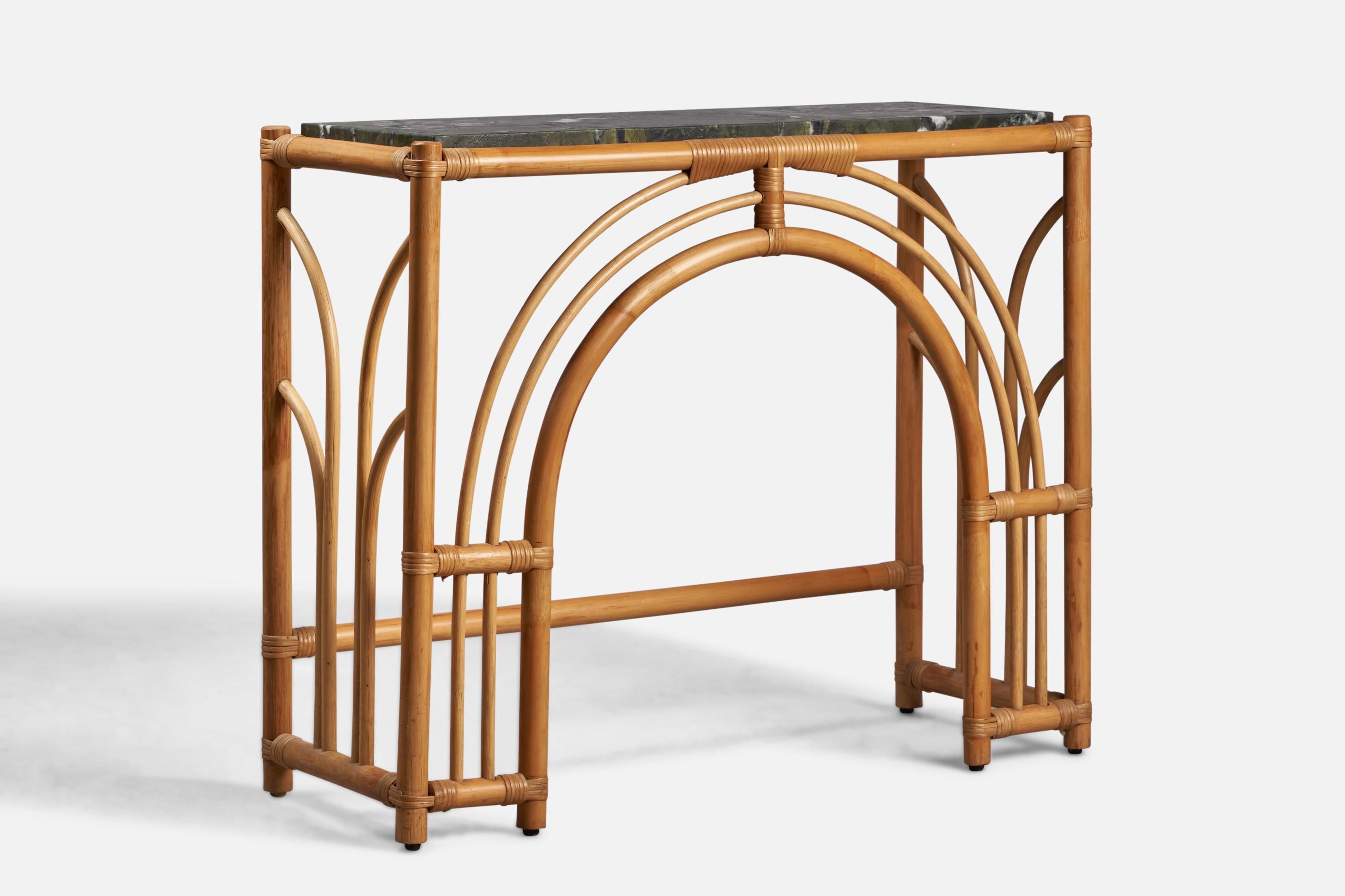 Post-Modern Italian Designer, Console, Bamboo, Rattan, Marble, Italy, 1970s For Sale