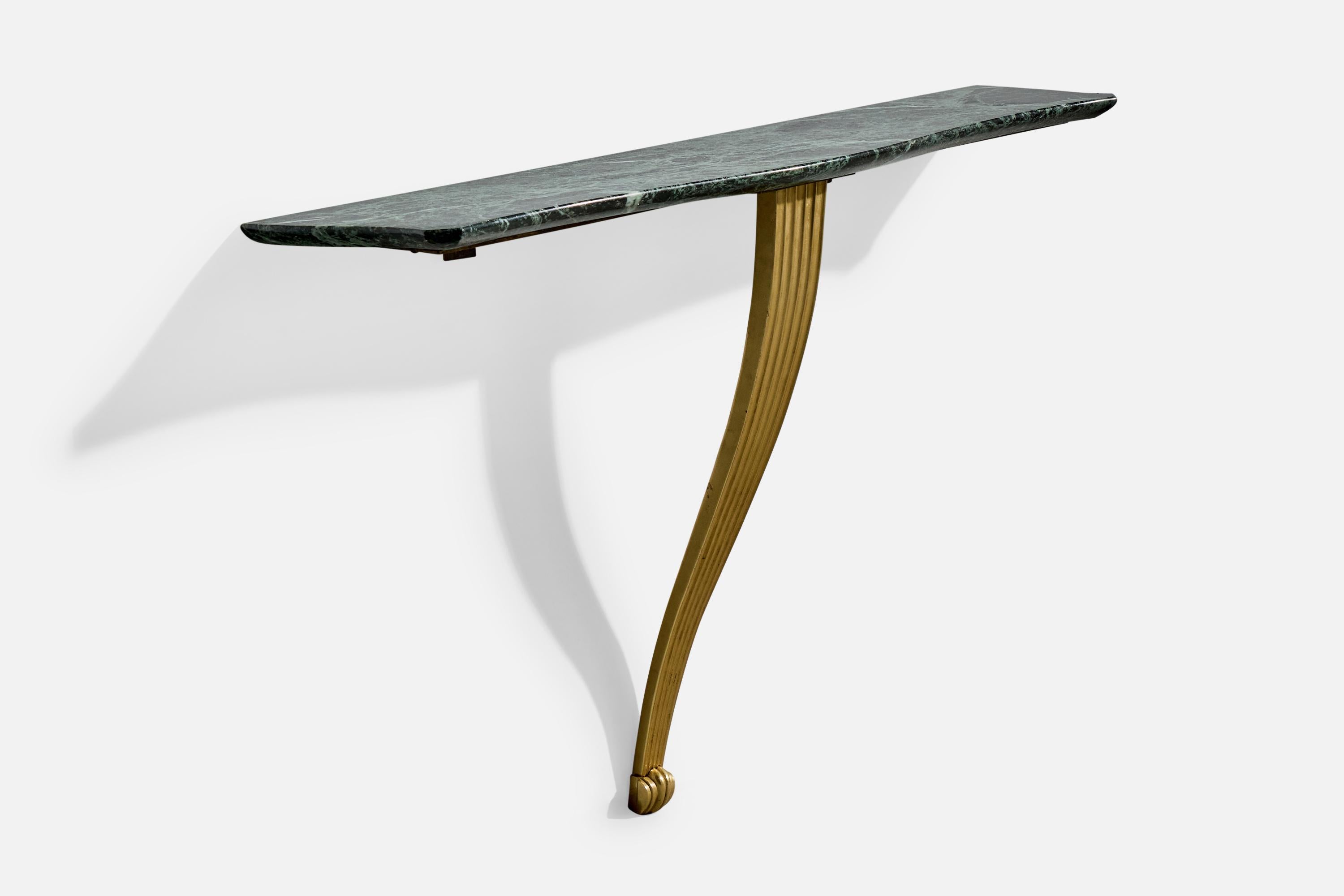 A brass and green marble console table designed and produced in Italy, c. 1950s.

Brass leg presents with light wear consistent with age and use.

Overall Dimensions (inches): 25.625