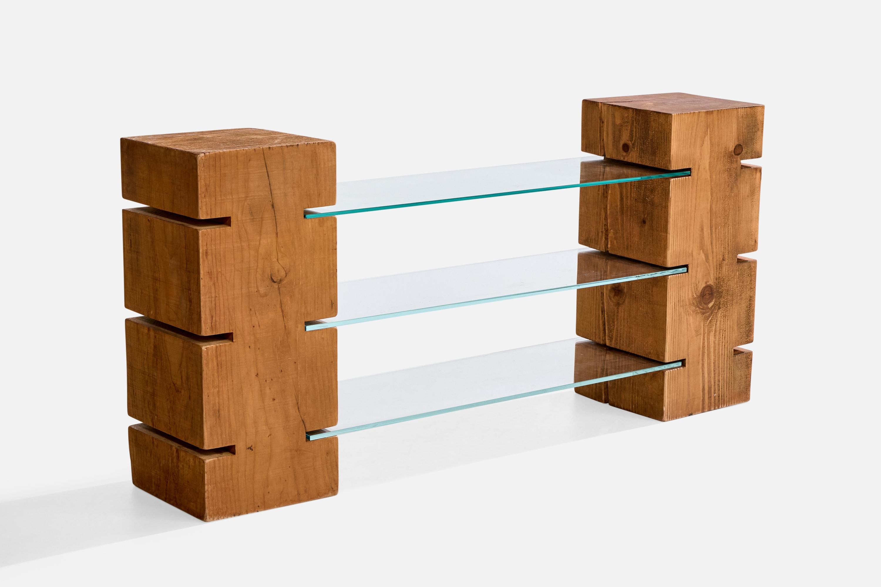 A pine and glass console table or shelf designed and produced in Italy, c. 1980s.

Overall Dimensions (inches): 27.5