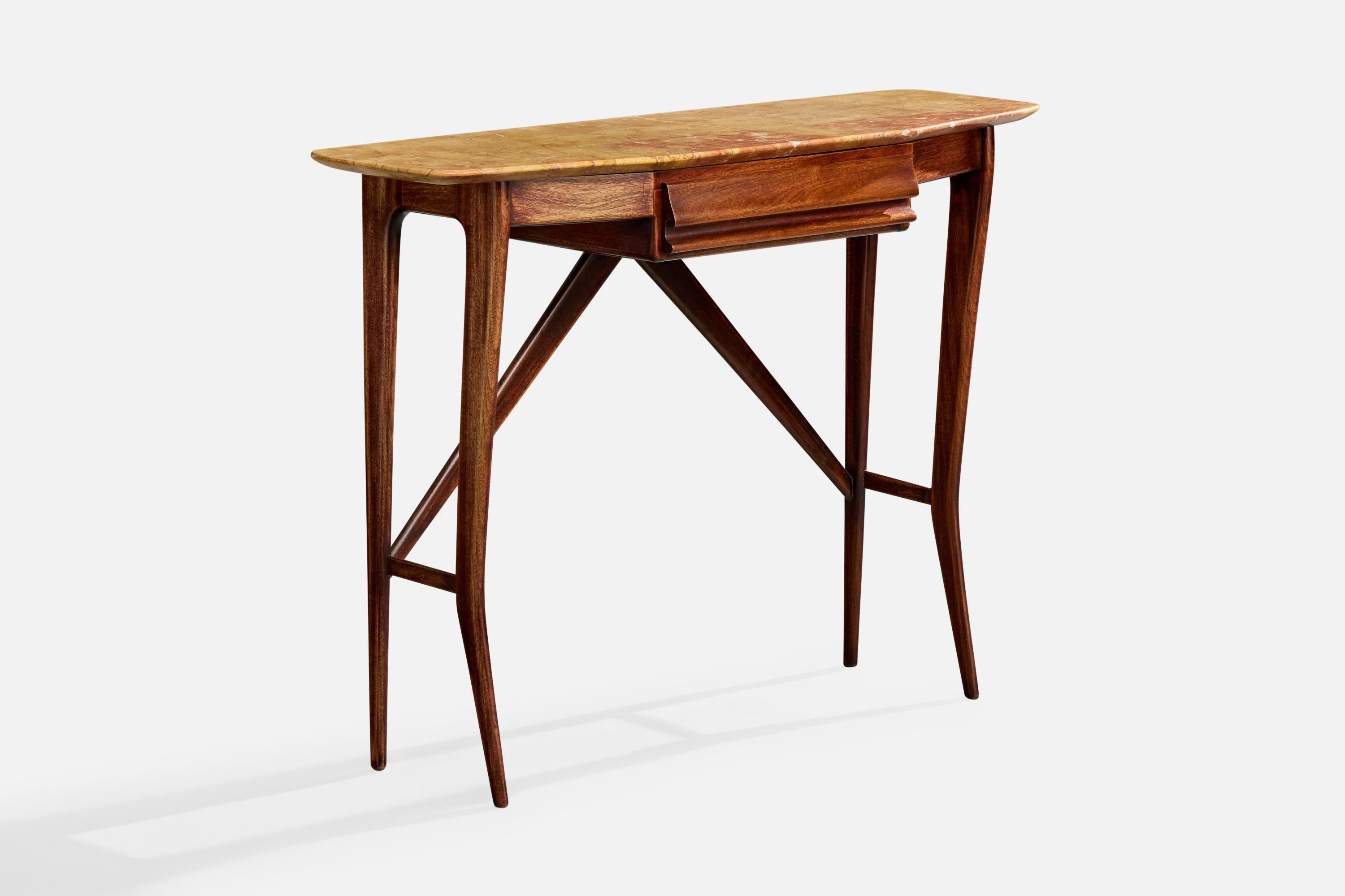 A walnut and marble console table designed and produced in Italy, c. 1950s.

Minimal wear.

Minor natural imperfections in marble.

Natural cracking to back panel.

Drawer inside has moderate wear.

Overall Dimensions (inches): 30.25