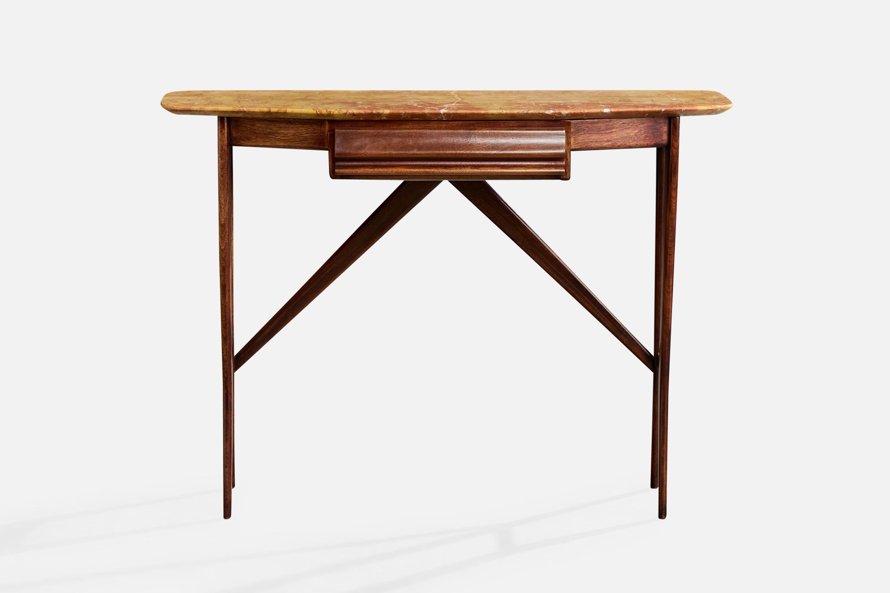 Mid-Century Modern Italian Designer, Console Table, Walnut, Marble, Italy, 1950s For Sale