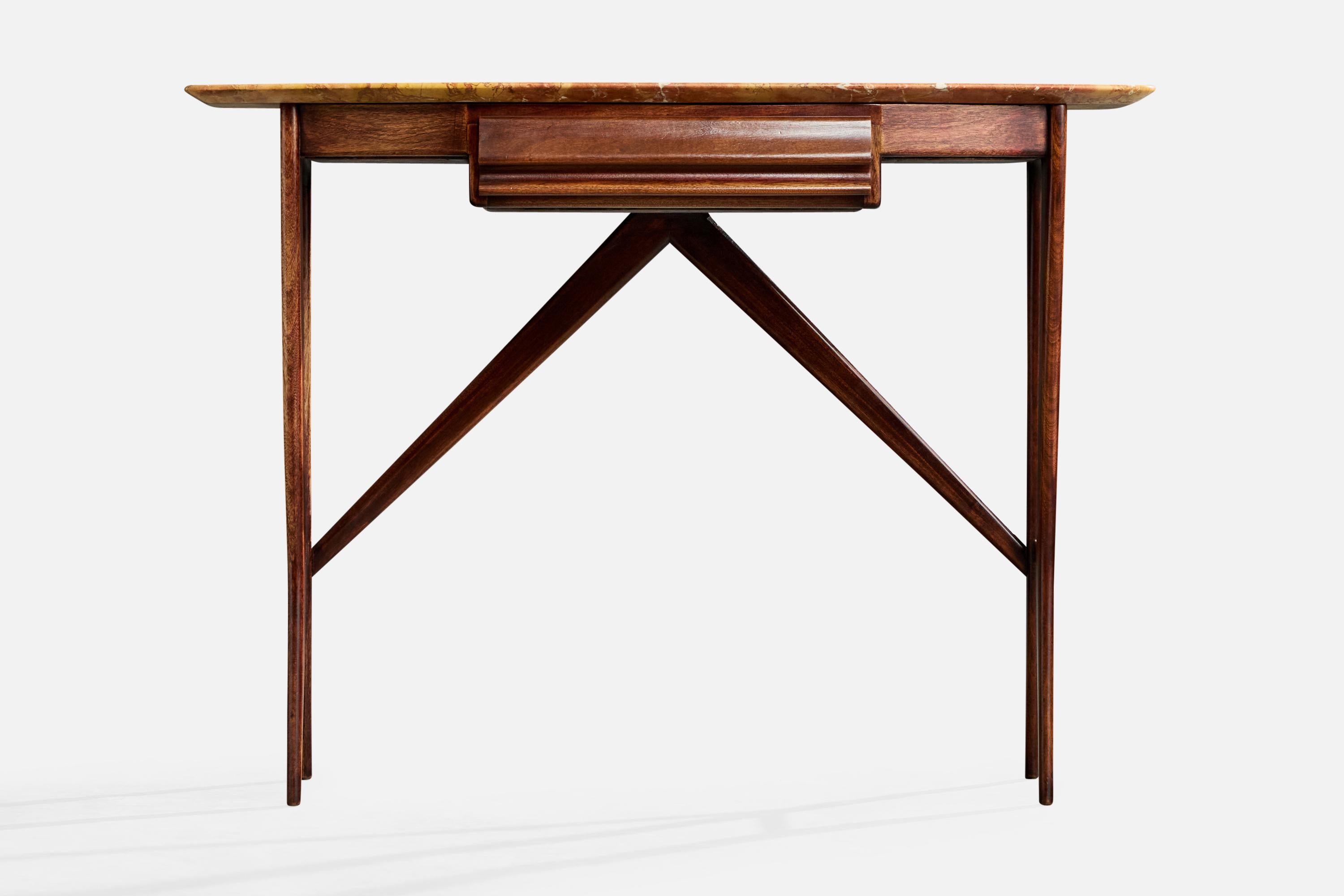 Italian Designer, Console Table, Walnut, Marble, Italy, 1950s In Fair Condition For Sale In High Point, NC