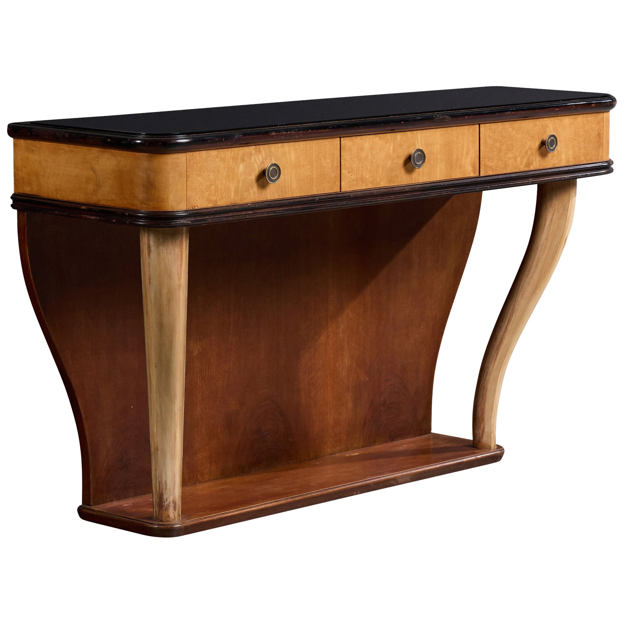 Tavolo consolle di design italiano, Wood, ottone, vetro, Italia, anni '1940