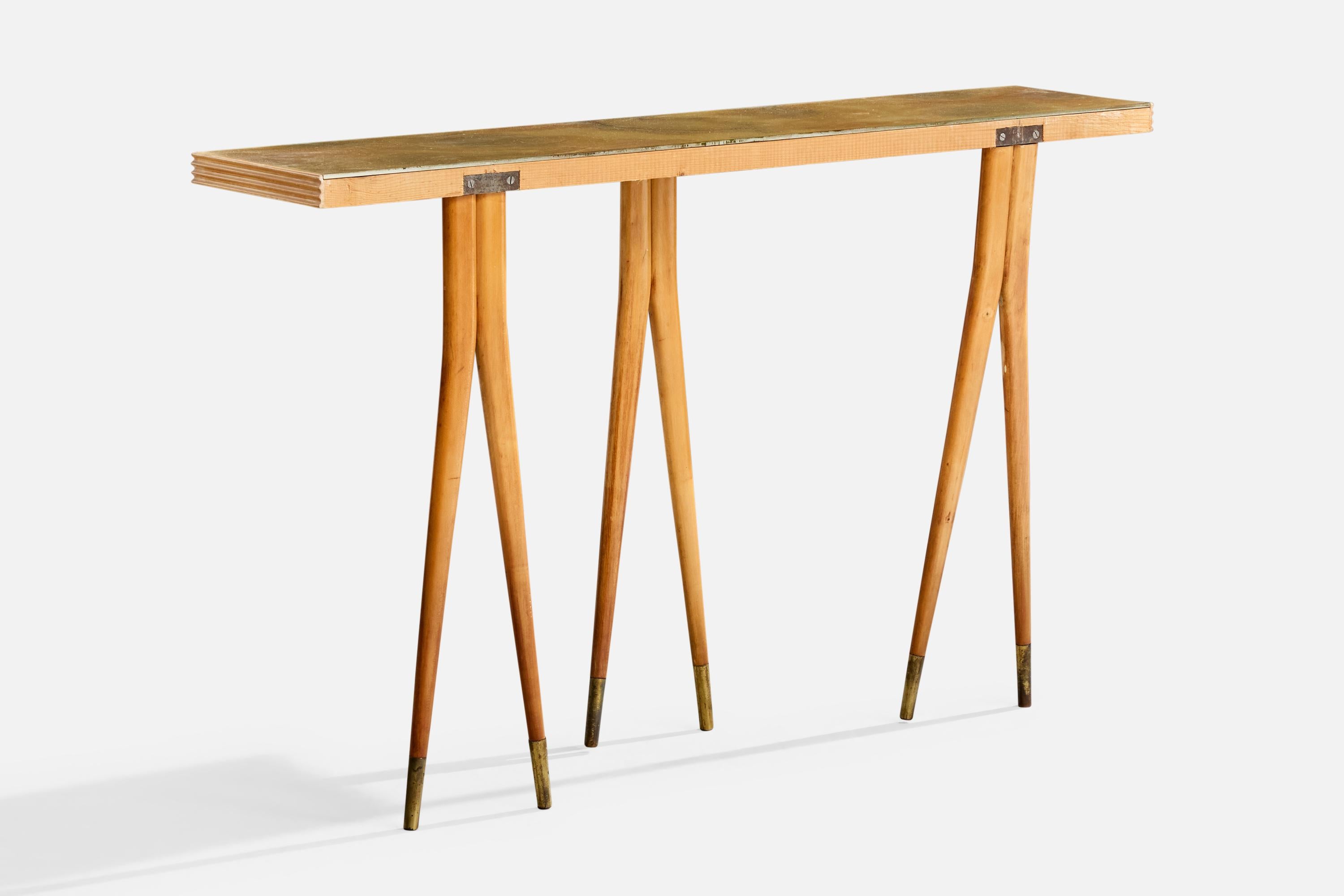 Diseñador italiano, Mesa consola, Madera, Latón, Cristal, Italia, Años 50 Italiano en venta