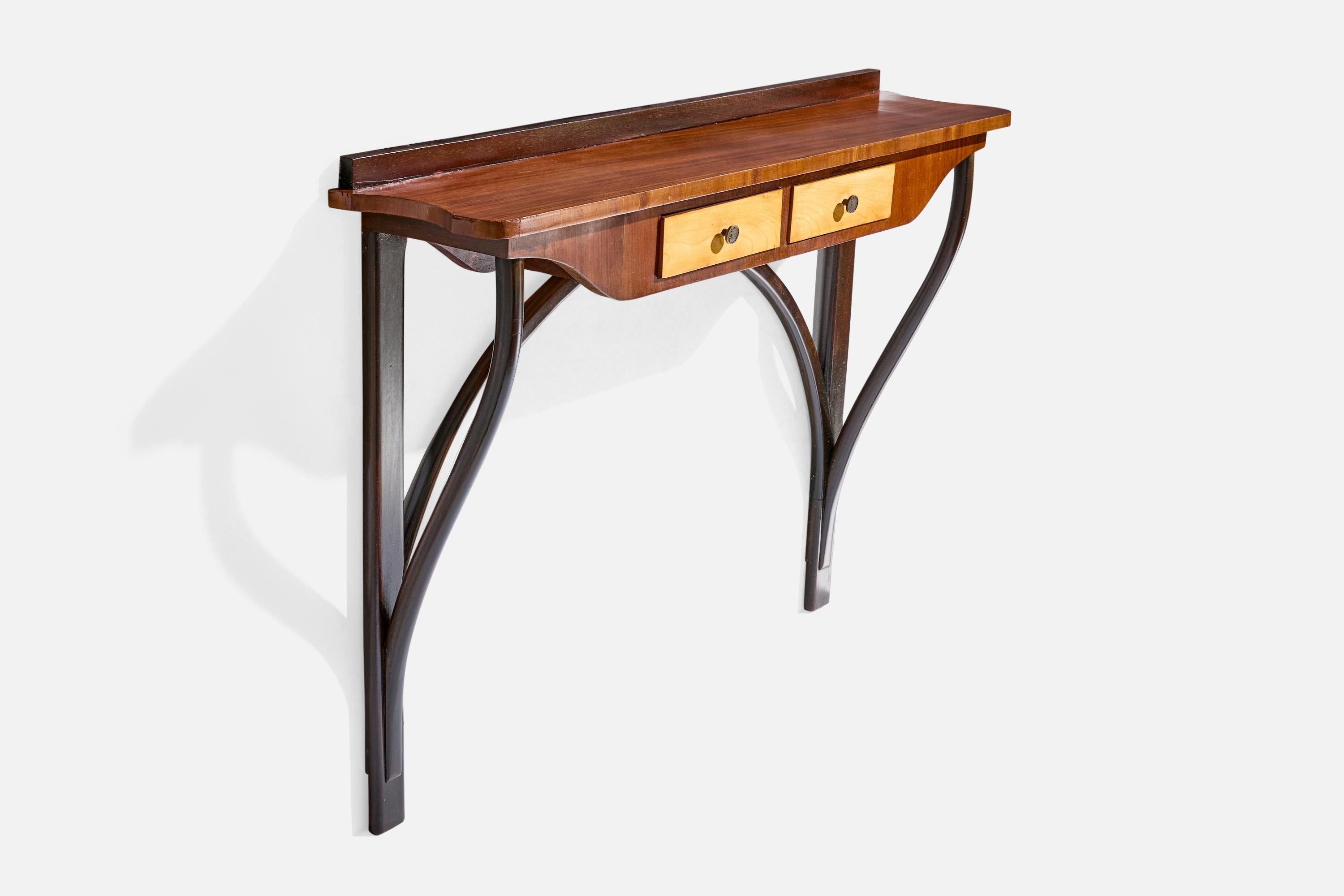 Consolle a muro in legno misto e ottone progettata e prodotta in Italia, anni '50 circa.

Firma sul lato inferiore dei cassetti

Dimensioni complessive (pollici): 36,0 