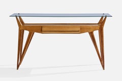 Tavolo consolle di design italiano, Wood, vetro, ottone, Italia, anni '1950