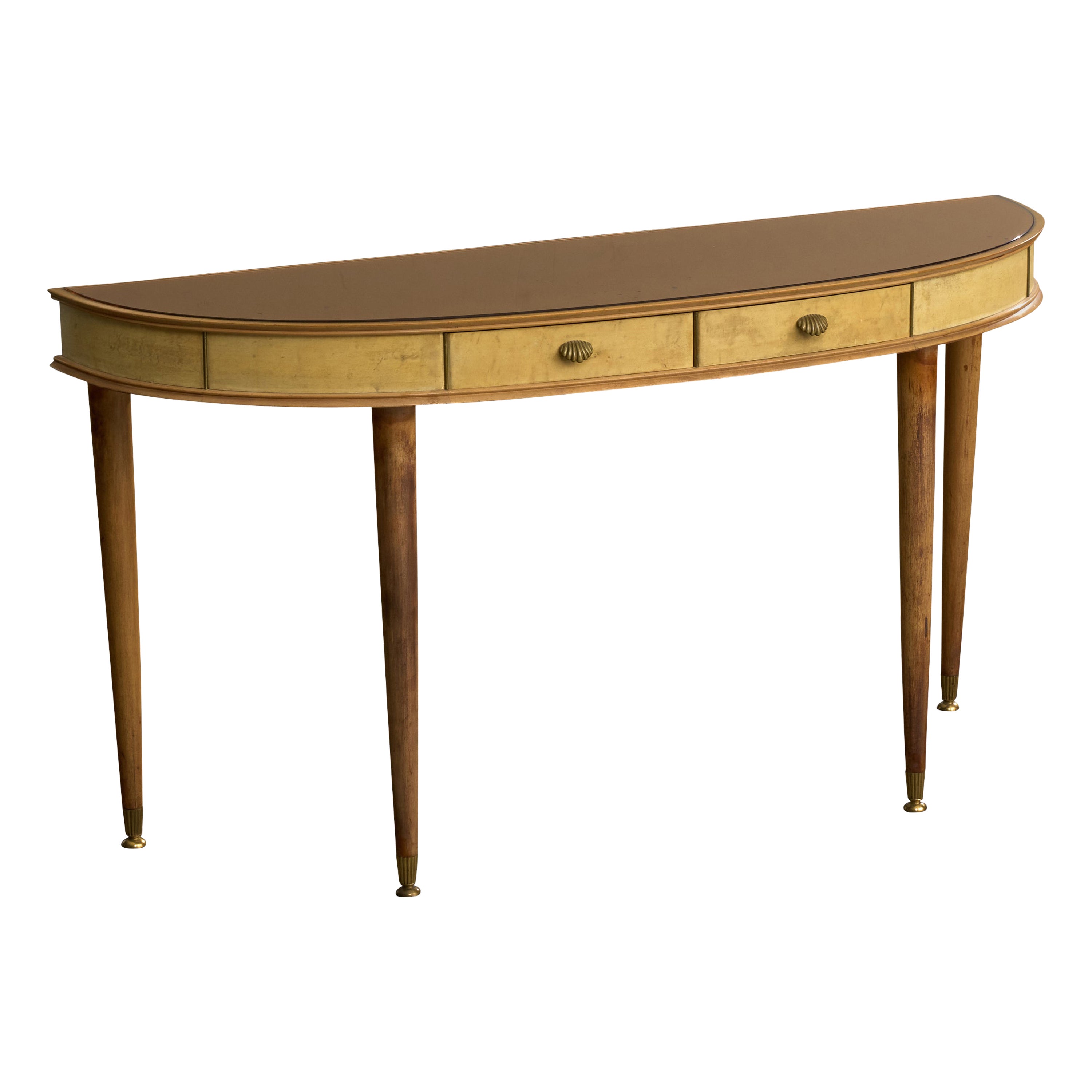 Italian Designer, Console Table, Wood, Glass, Brass, Italy, 1950s