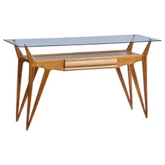 Italian Designer, Console Table, Wood, Glass, Brass, Italy, 1950s