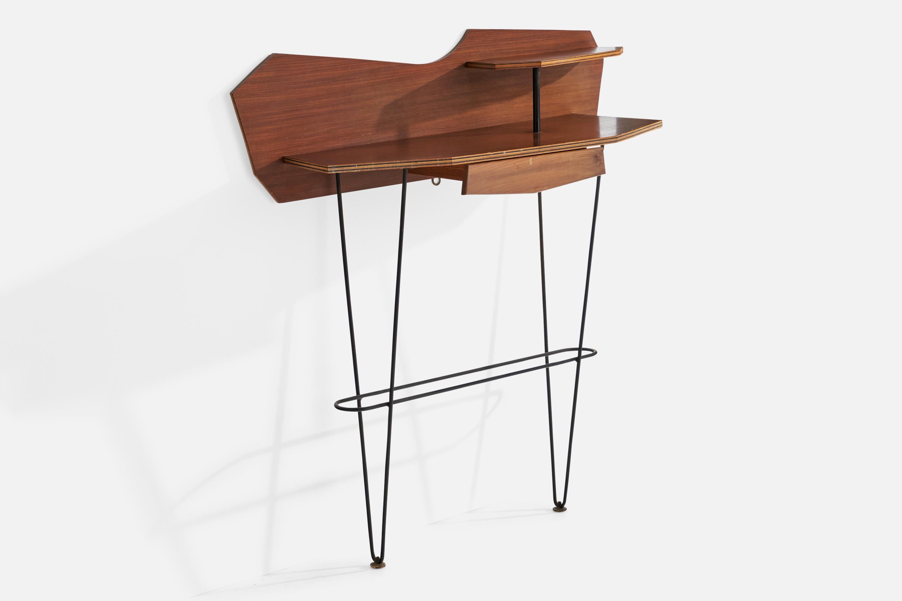 A walnut and black-painted metal console designed and produced in Italy, 1950s.