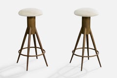 Italian Designer, Counter Stools, Brass, Fabric, Italy, 1950s