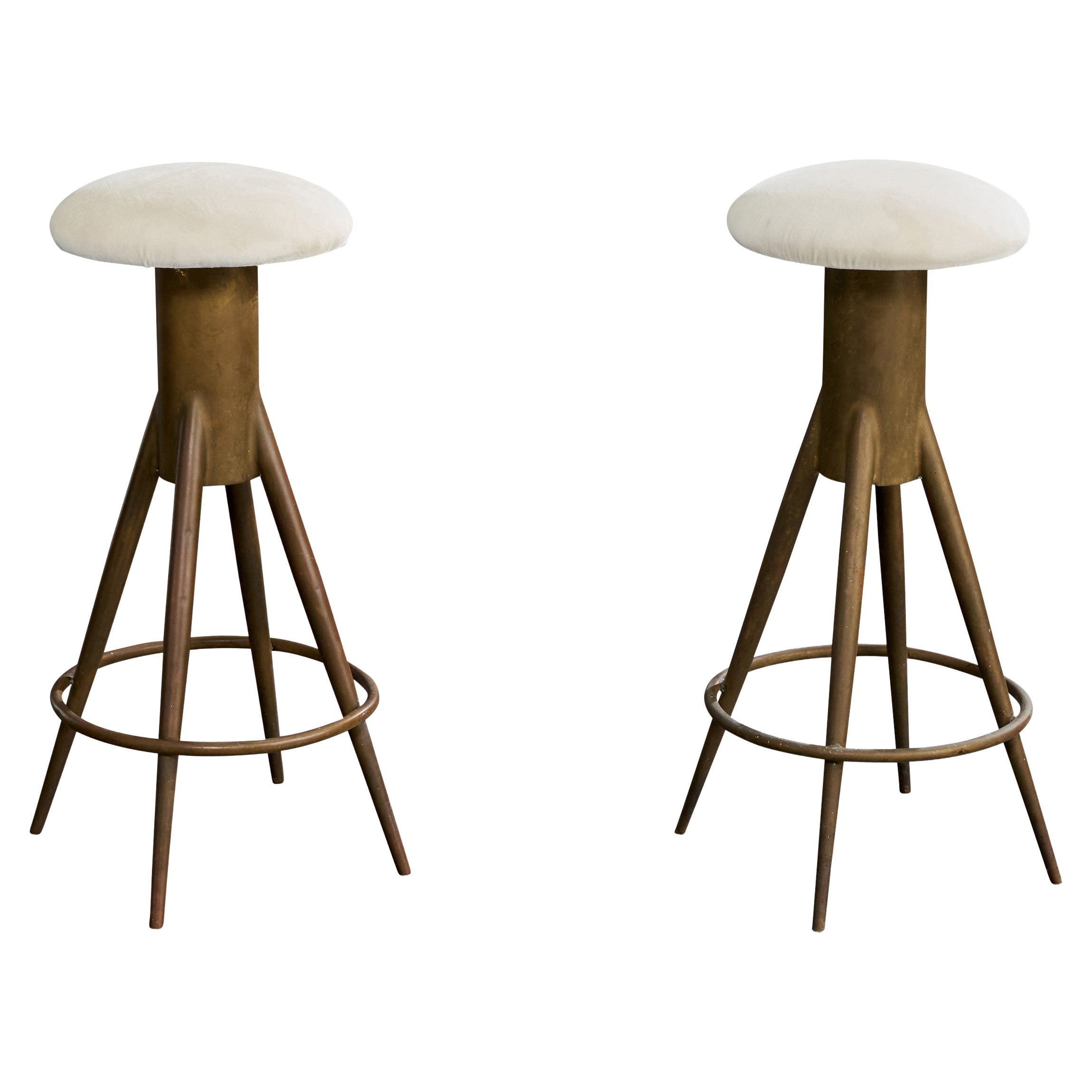 Italian Designer, Counter Stools, Brass, Fabric, Italy, 1950s
