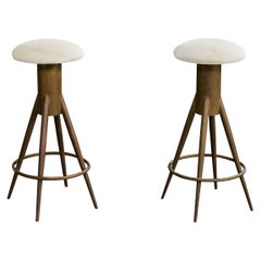 Italian Designer, Counter Stools, Brass, Fabric, Italy, 1950s
