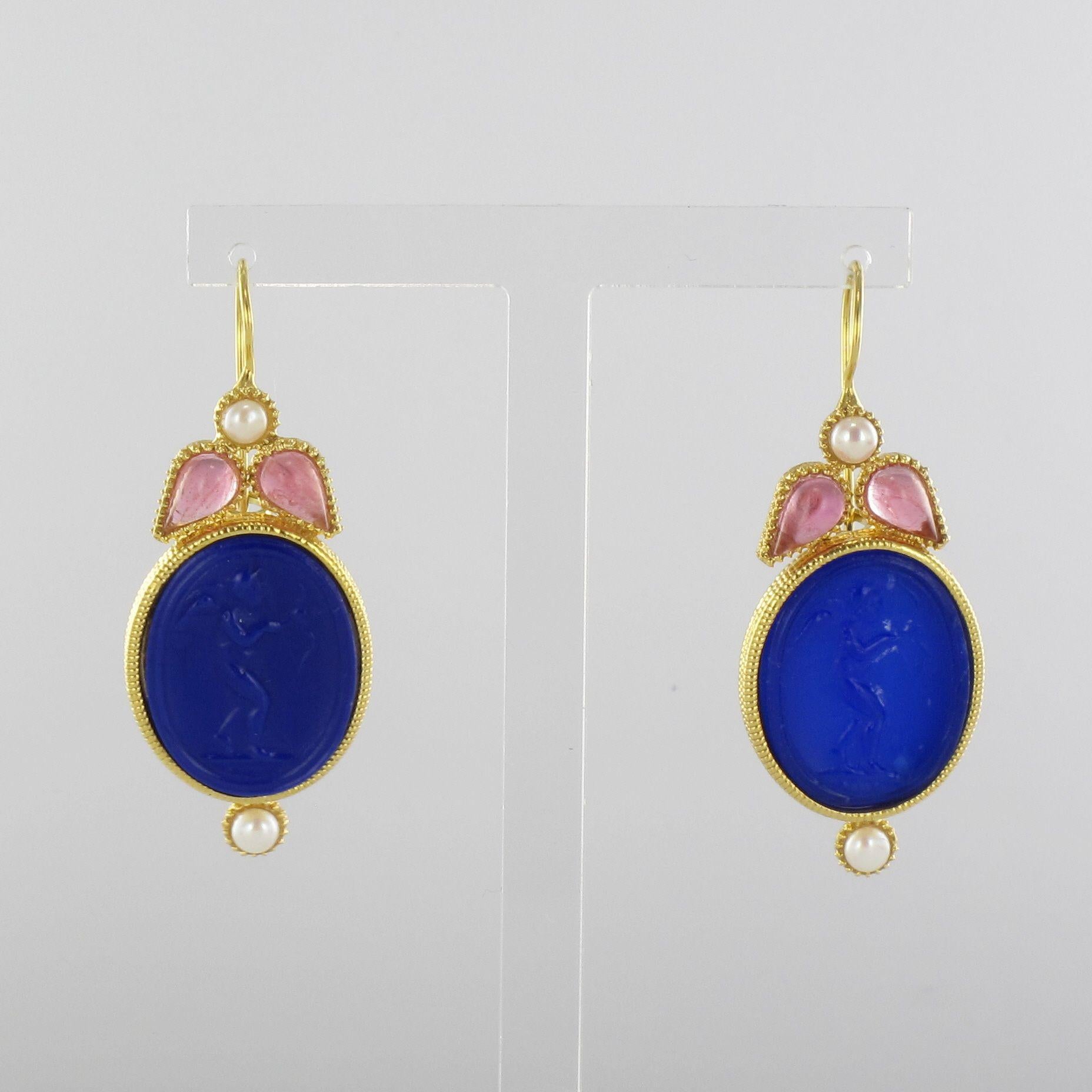 Greek Revival Italian Designer Crystal Pearl Blue Intaglio Vermeil Drop Earrings