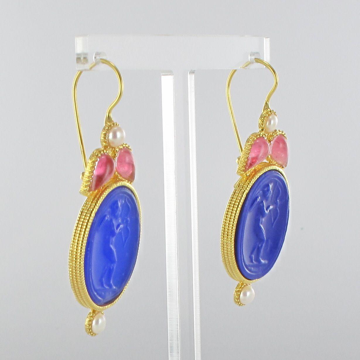 Italian Designer Crystal Pearl Blue Intaglio Vermeil Drop Earrings In New Condition In Poitiers, FR