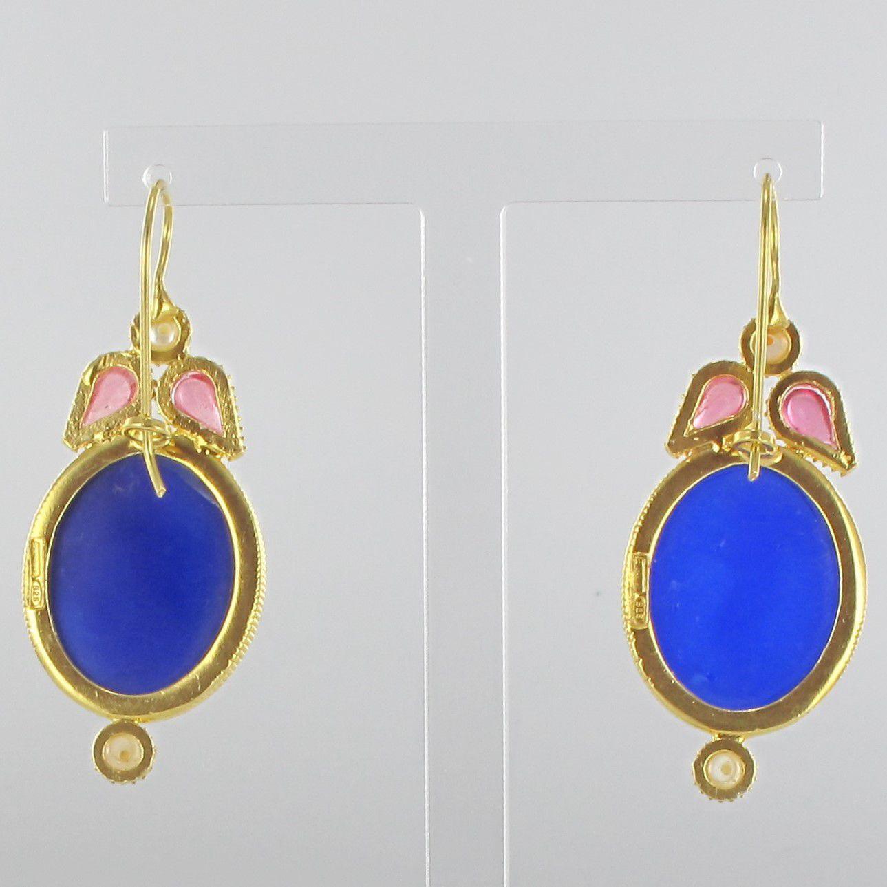 Italian Designer Crystal Pearl Blue Intaglio Vermeil Drop Earrings 1