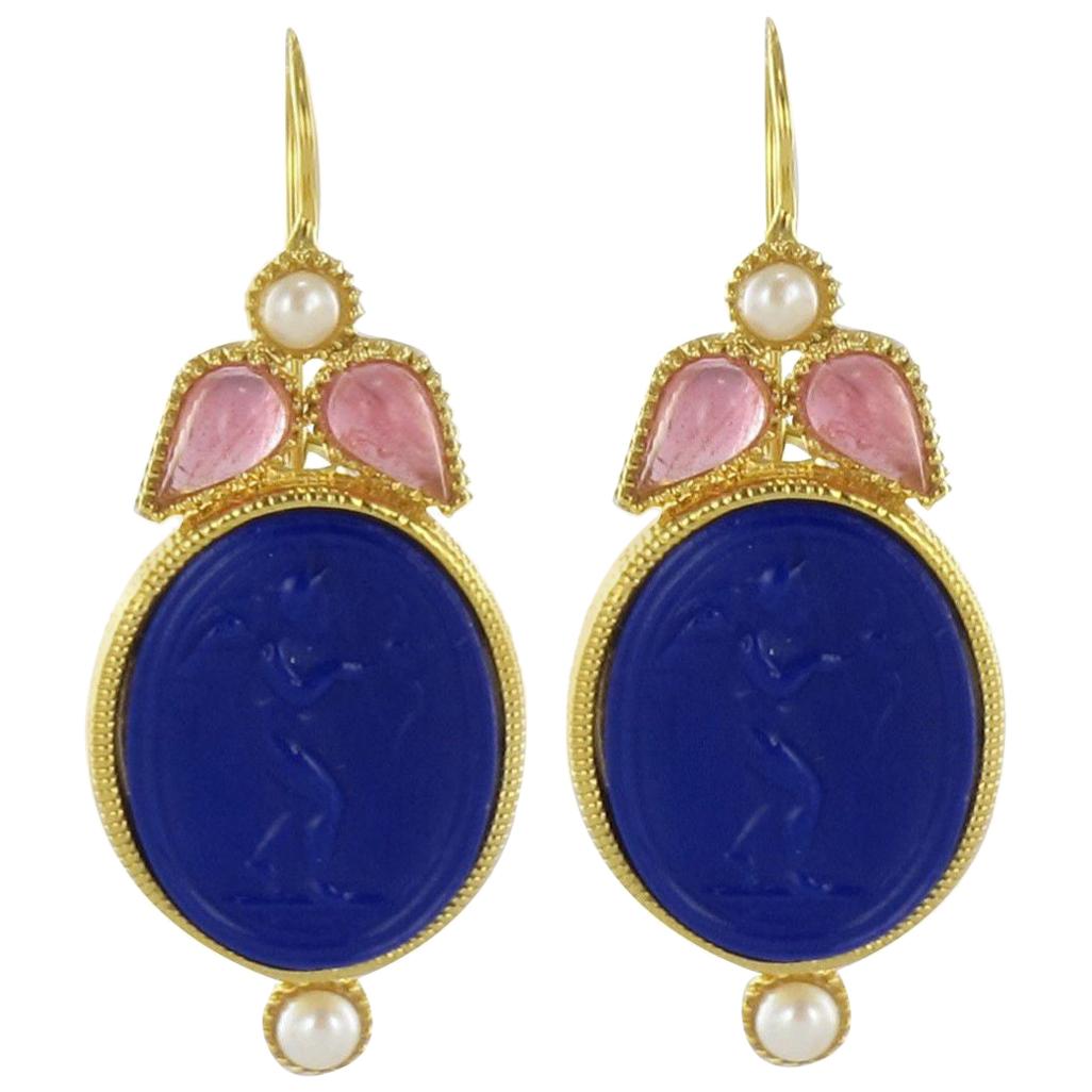 Italian Designer Crystal Pearl Blue Intaglio Vermeil Drop Earrings