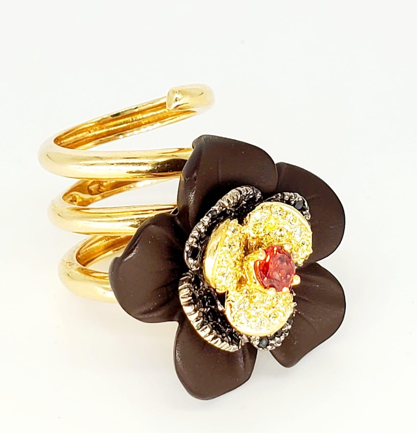 Round Cut Italian Designer Custom Made Flower Cluster Cocktail Ring 14 Karat Gold For Sale