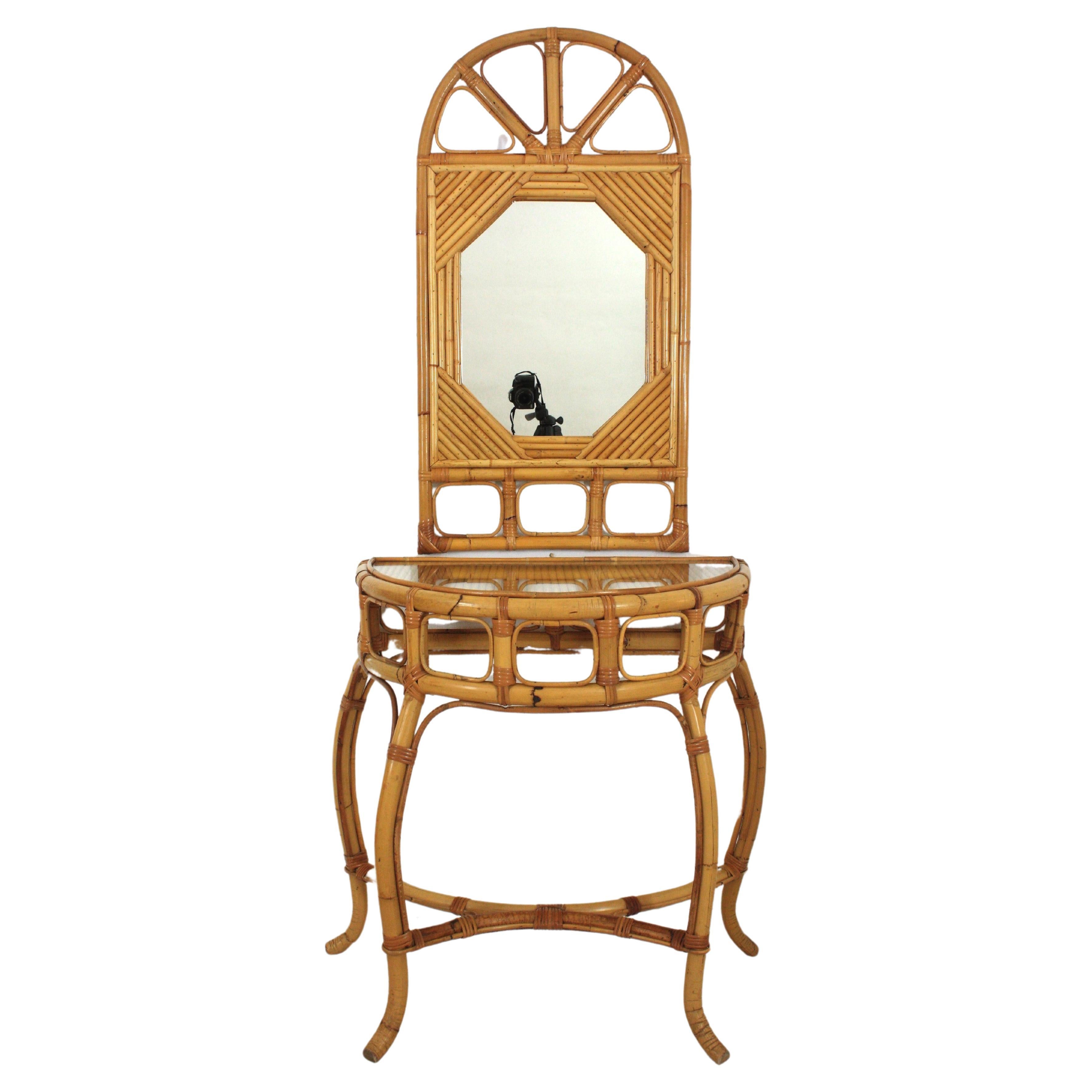Italienische Designerin Demilune-Konsole aus Bambus und Rattan, 1960er-Jahre im Angebot 9