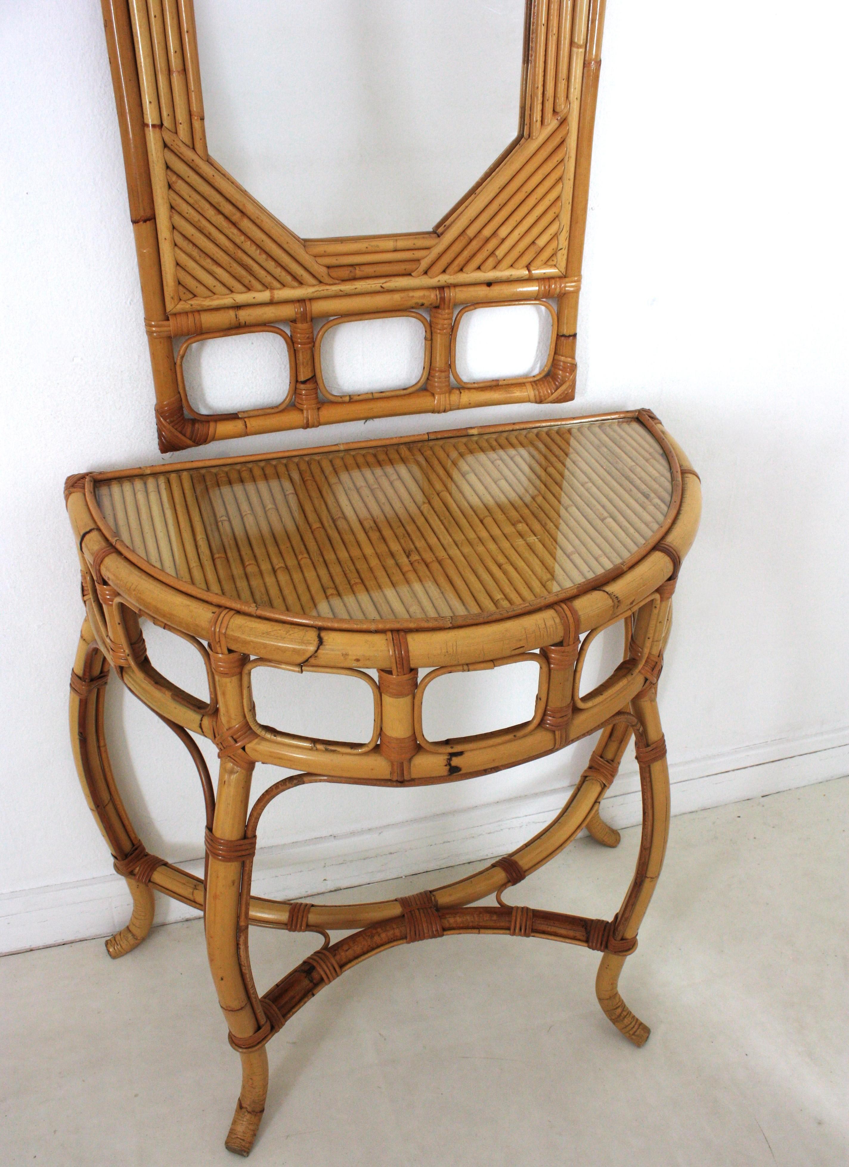 Italienische Designerin Demilune-Konsole aus Bambus und Rattan, 1960er-Jahre im Angebot 1
