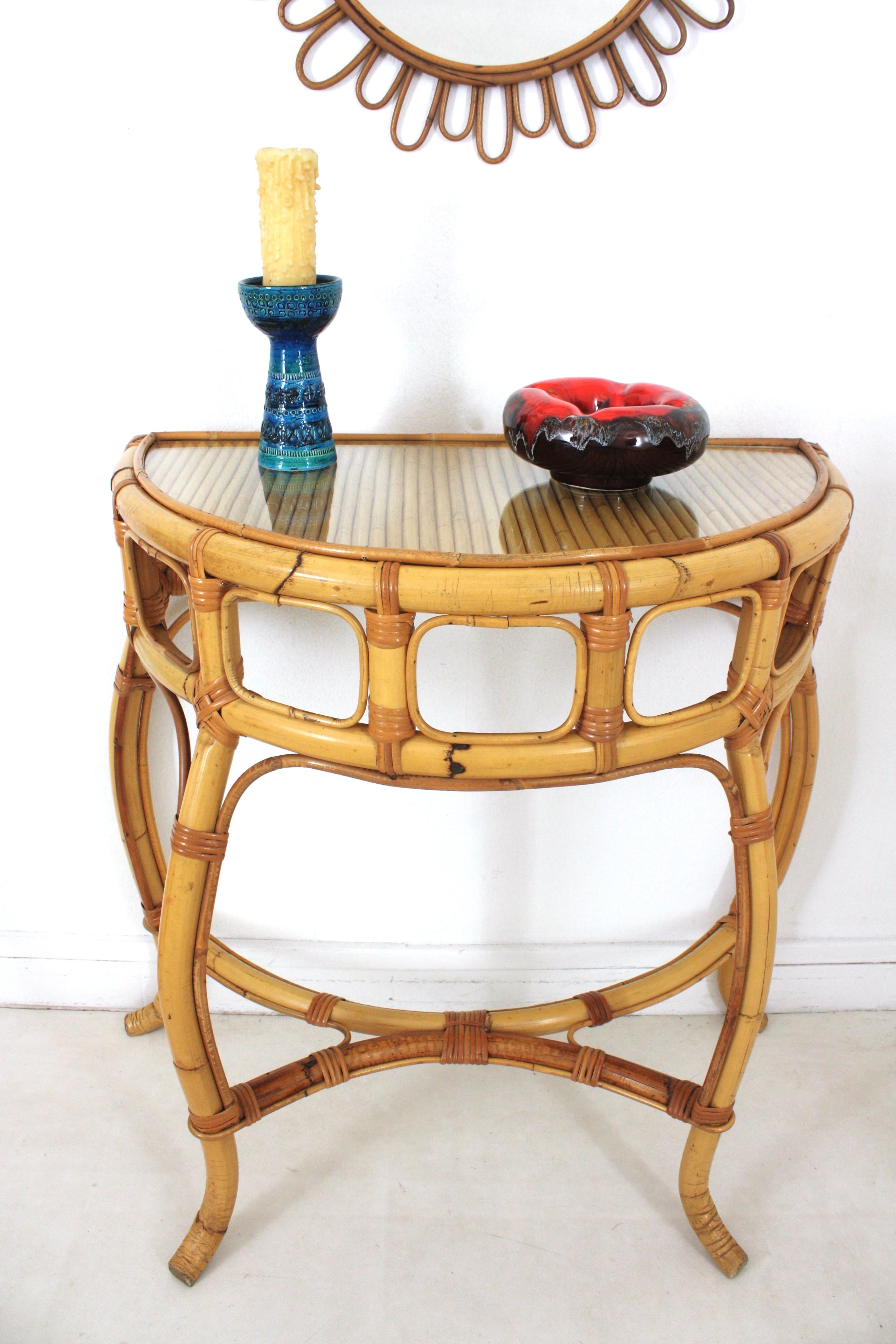 Italienische Designerin Demilune-Konsole aus Bambus und Rattan, 1960er-Jahre im Angebot 2