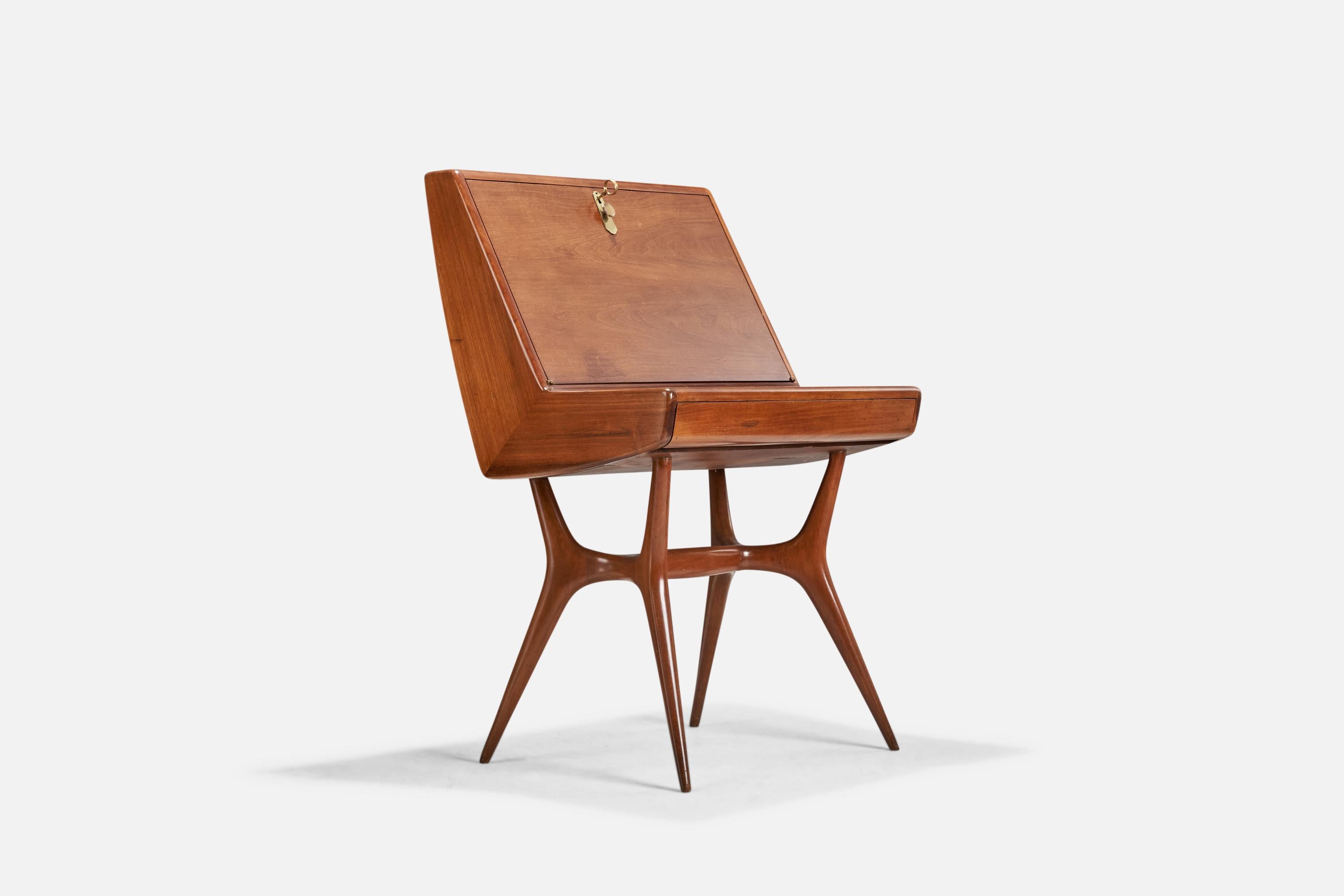 Mid-Century Modern Italian Designer, Desk, Teak, Brass, Italy, 1940s For Sale