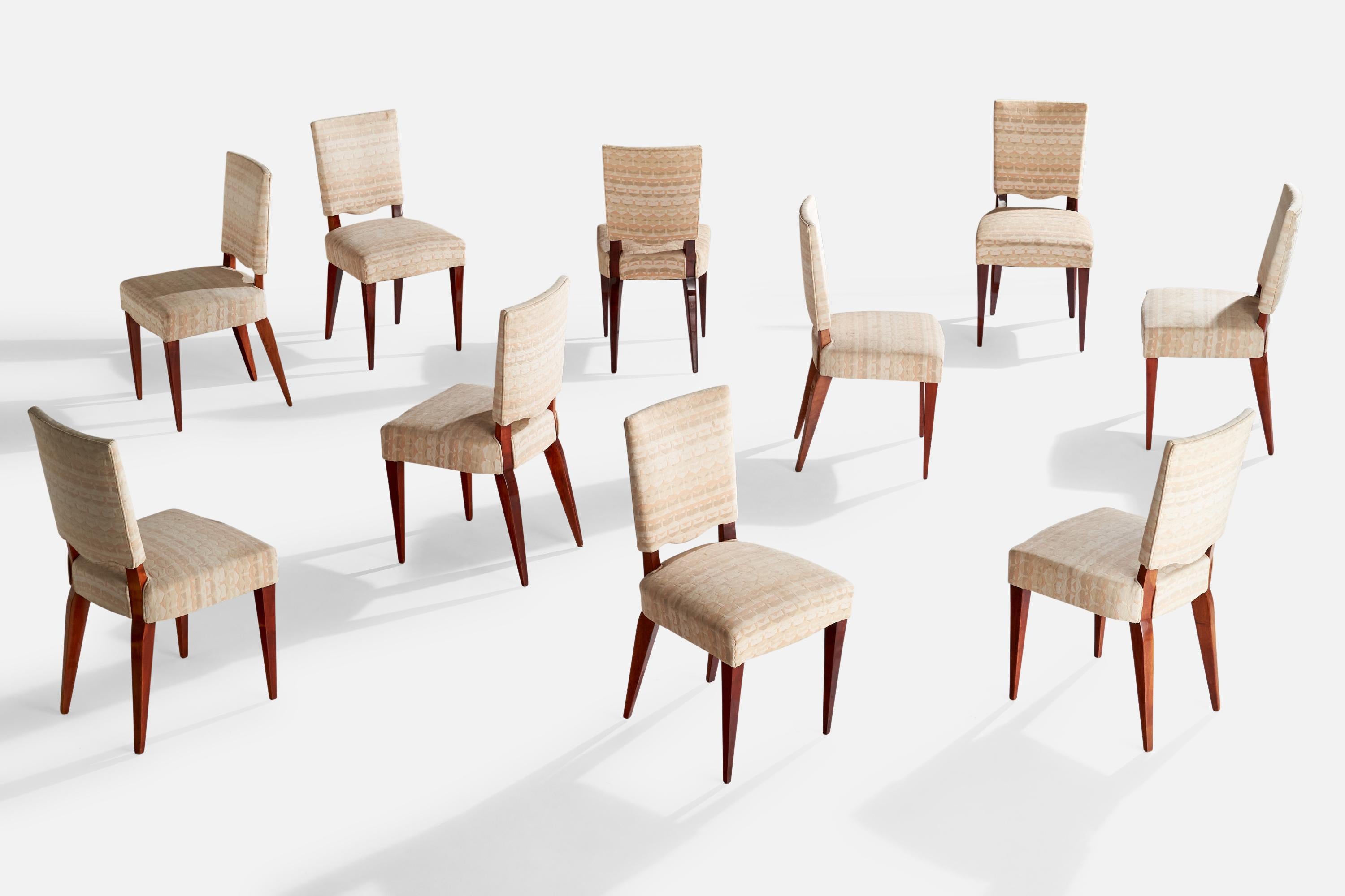 A set of ten wood and fabric dining chairs designed and produced in Italy, c. 1950s.

Dimensions: 36.8” H x 18.9” W x 22.25” D

All upholstered furniture can be reupholstered upon request for an additional fee. Lead times will be an additional 1-3