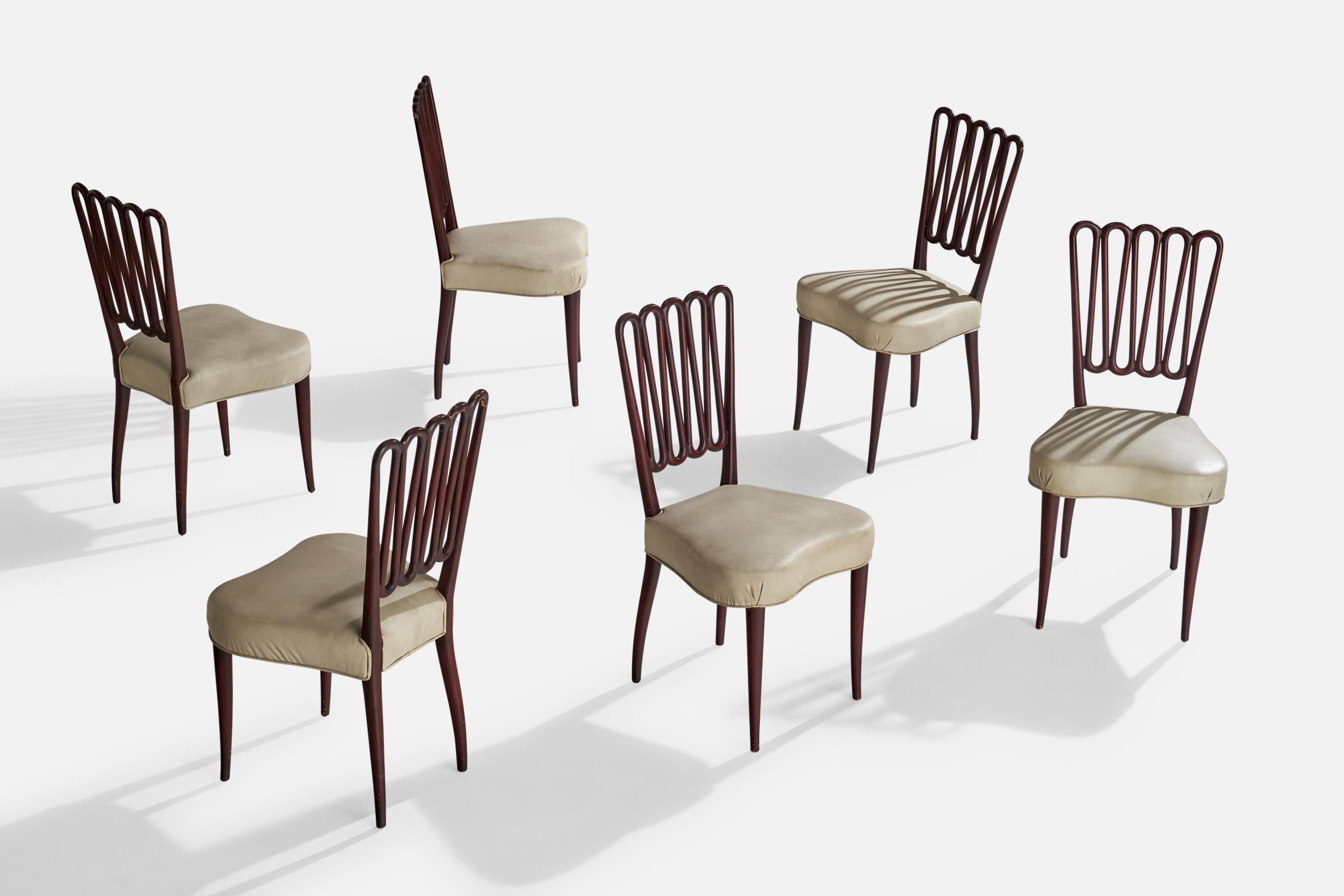 A set of six dark-stained wood and white leather side chairs designed and produced in Italy, c. 1950s.

Dimensions: 36.8” H x 19” W x 21.25” D
