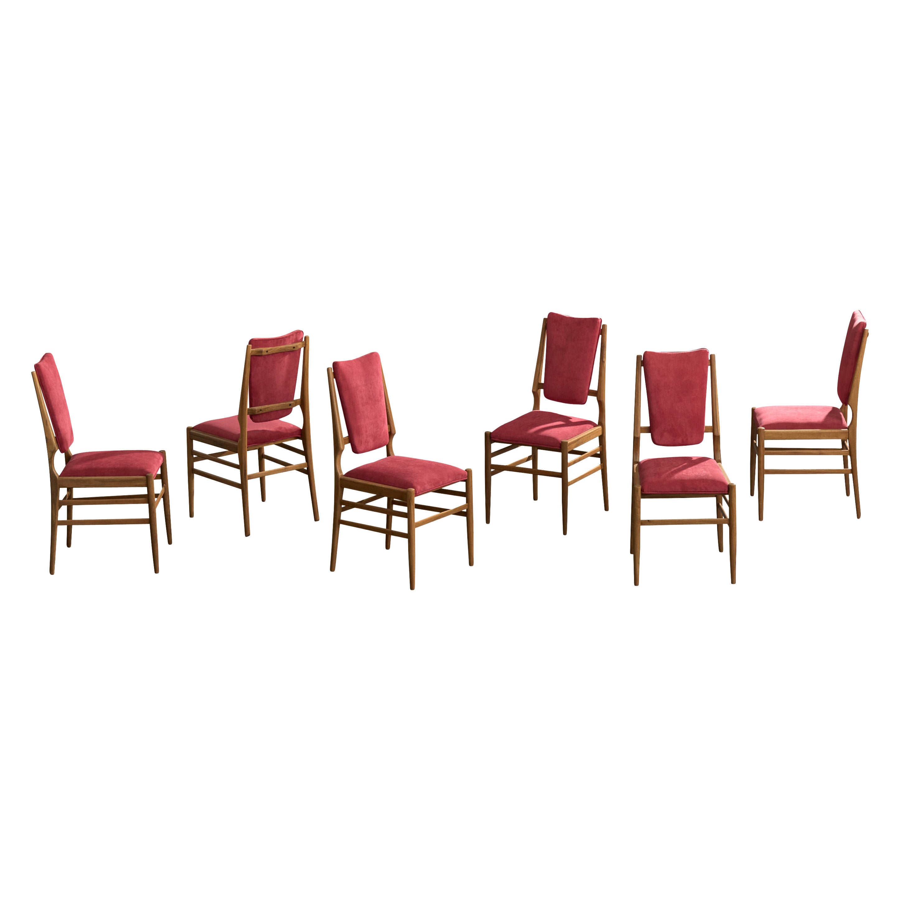 Italian Designer, Dining Room Chairs, Wood, Fabric, Italy, 1950s