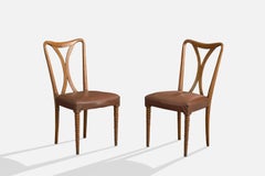 Italian Designer, Dining Room Chairs, Wood, Vinyl, Brass, Italy, 1950s