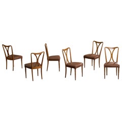 Italian Designer, Dining Room Chairs, Wood, Vinyl, Brass, Italy, 1950s