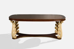 Italian Designer, Dining Room Table, Wood, Brass, Glass, Italy, 1940s