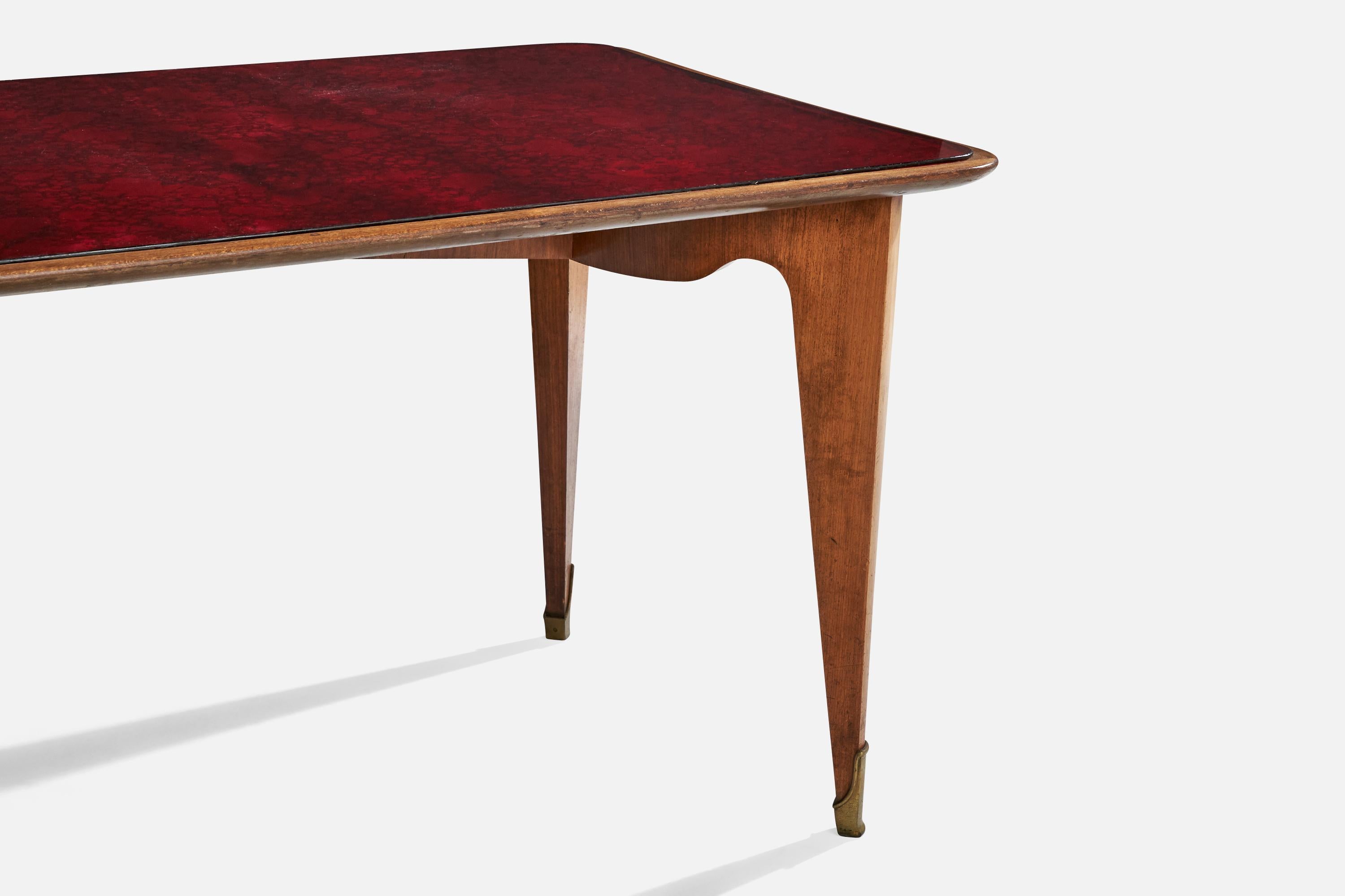 Tavolo da pranzo di design italiano, Wood, vetro, ottone, Italia, anni '50 in vendita 5