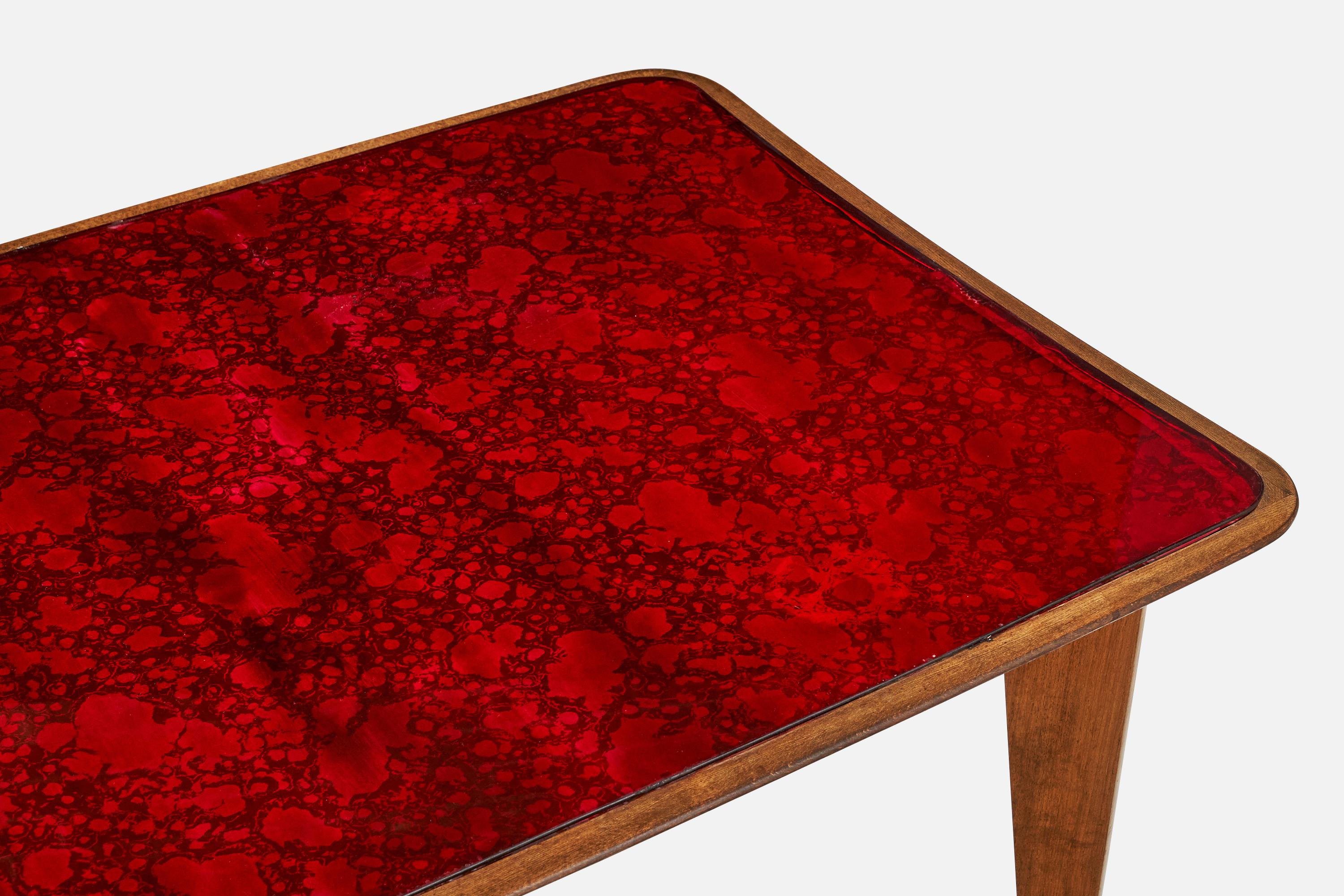 Tavolo da pranzo di design italiano, Wood, vetro, ottone, Italia, anni '50 in vendita 7