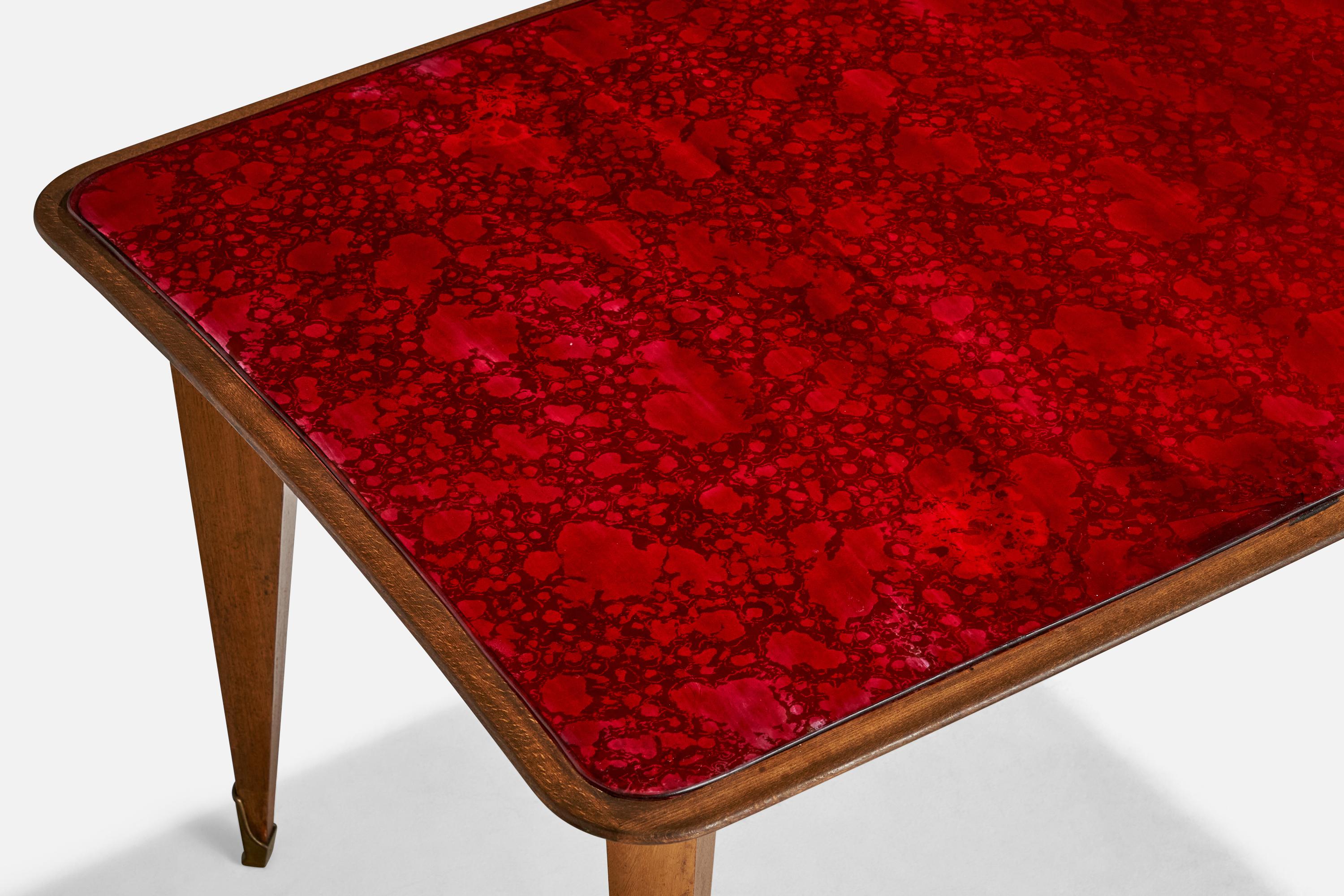 Tavolo da pranzo di design italiano, Wood, vetro, ottone, Italia, anni '50 in vendita 8