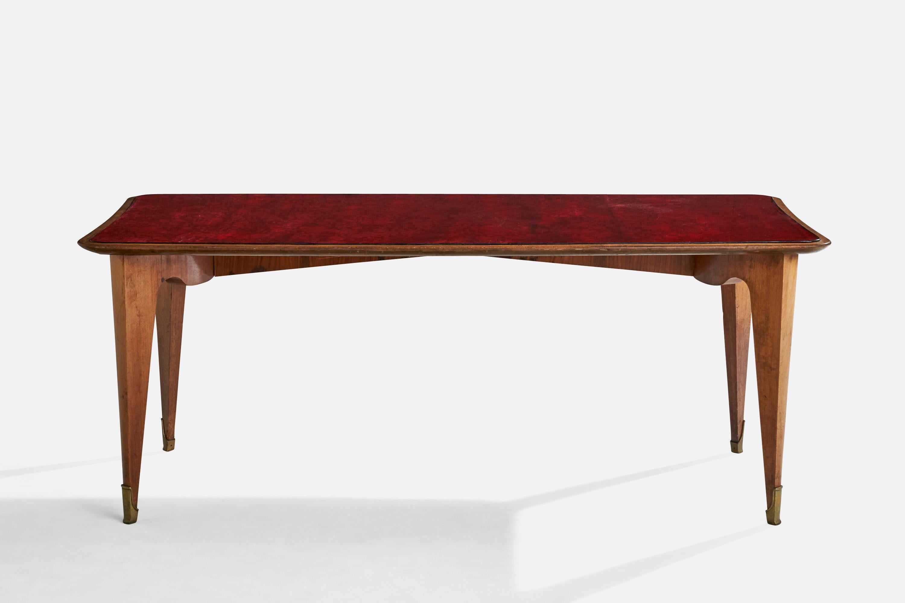 Mid-Century moderno Tavolo da pranzo di design italiano, Wood, vetro, ottone, Italia, anni '50 in vendita