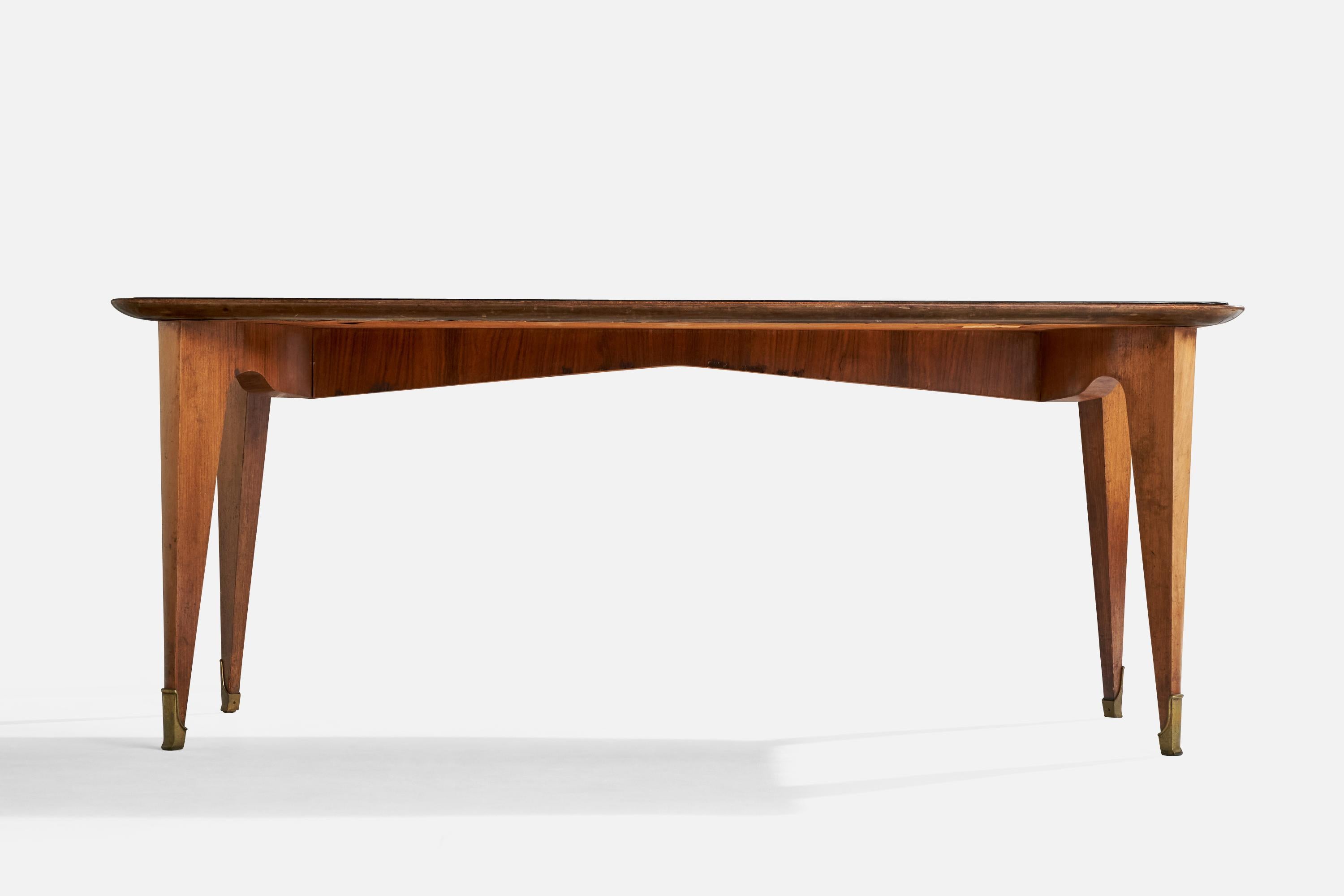 Italiano Tavolo da pranzo di design italiano, Wood, vetro, ottone, Italia, anni '50 in vendita