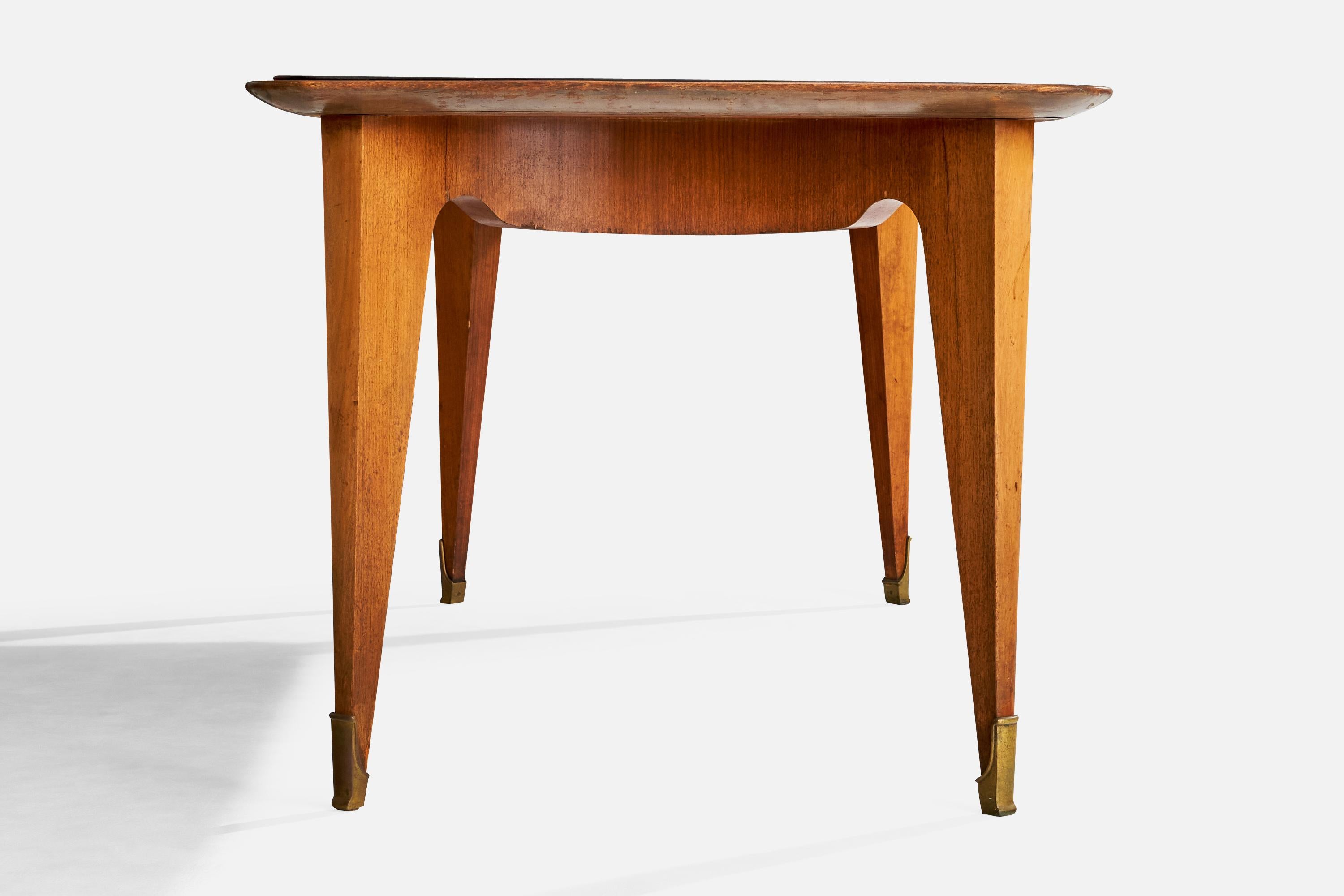 Tavolo da pranzo di design italiano, Wood, vetro, ottone, Italia, anni '50 in vendita 2