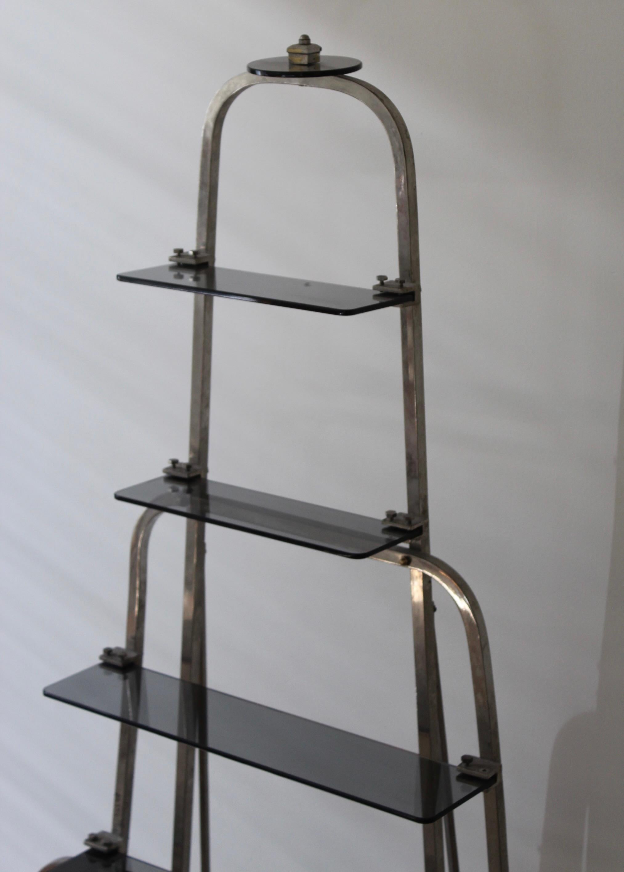 Mid-Century Modern Italian Designer, Etagere, Chrome-Plated Metal, Smoked Glass, Italy, 1940s For Sale