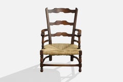 Italian Designer, Fireside Chair, Wood, Rush, Italy, 1940s
